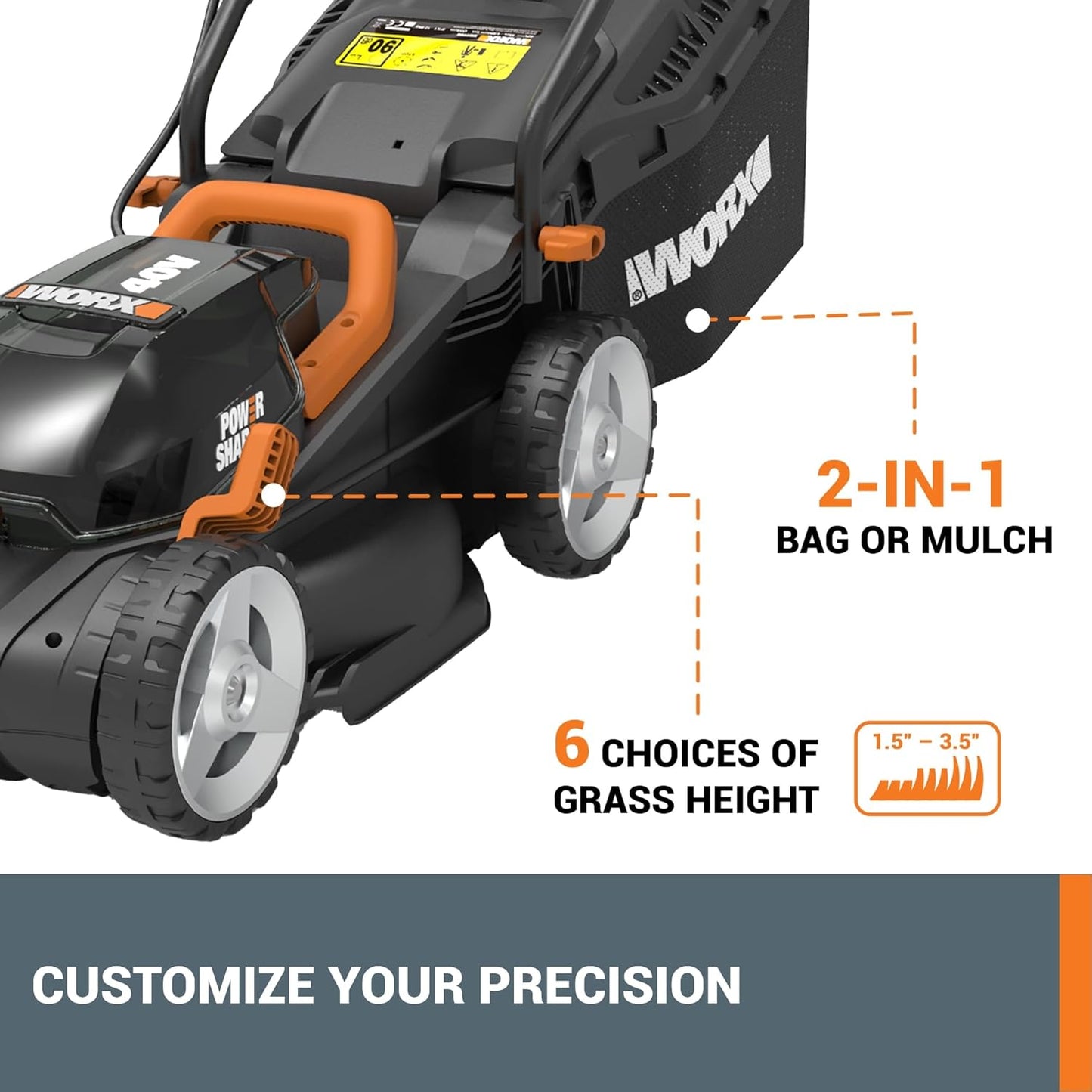 WORX 14" Cordless Lawn Mower, 2 in 1 Electric Mower Cuts Quietly, Compact & Lightweight Push Lawn Mower with 6-Position Height Adjustment for Small Yards, 2 Batteries & Charger Included, WG779