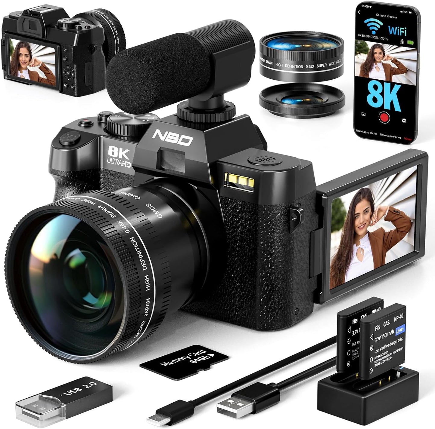 True 8K Digital Cameras for Photography 64MP - WiFi, Wide-Angle & Macro Lens, 16X Zoom Autofocus, 3" 180° Flip Screen, 64GB Card, Vlogging Camera for YouTube Travel(Black)