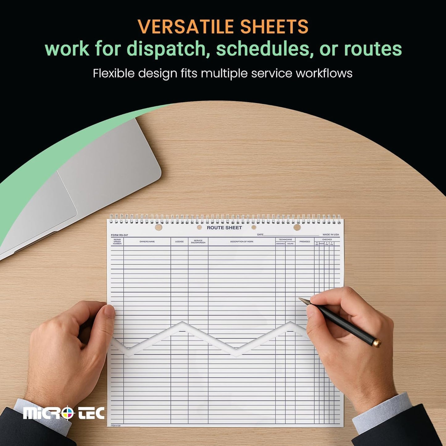 MICRO TEC Daily Service Route Sheets – 12" x 15" Daily Schedule & Appointment Sheets – Spiral Bound Route Planner on 100# Tag Stock Paper – Blue Ink Print – 100 Pages/Book (Book of 5)