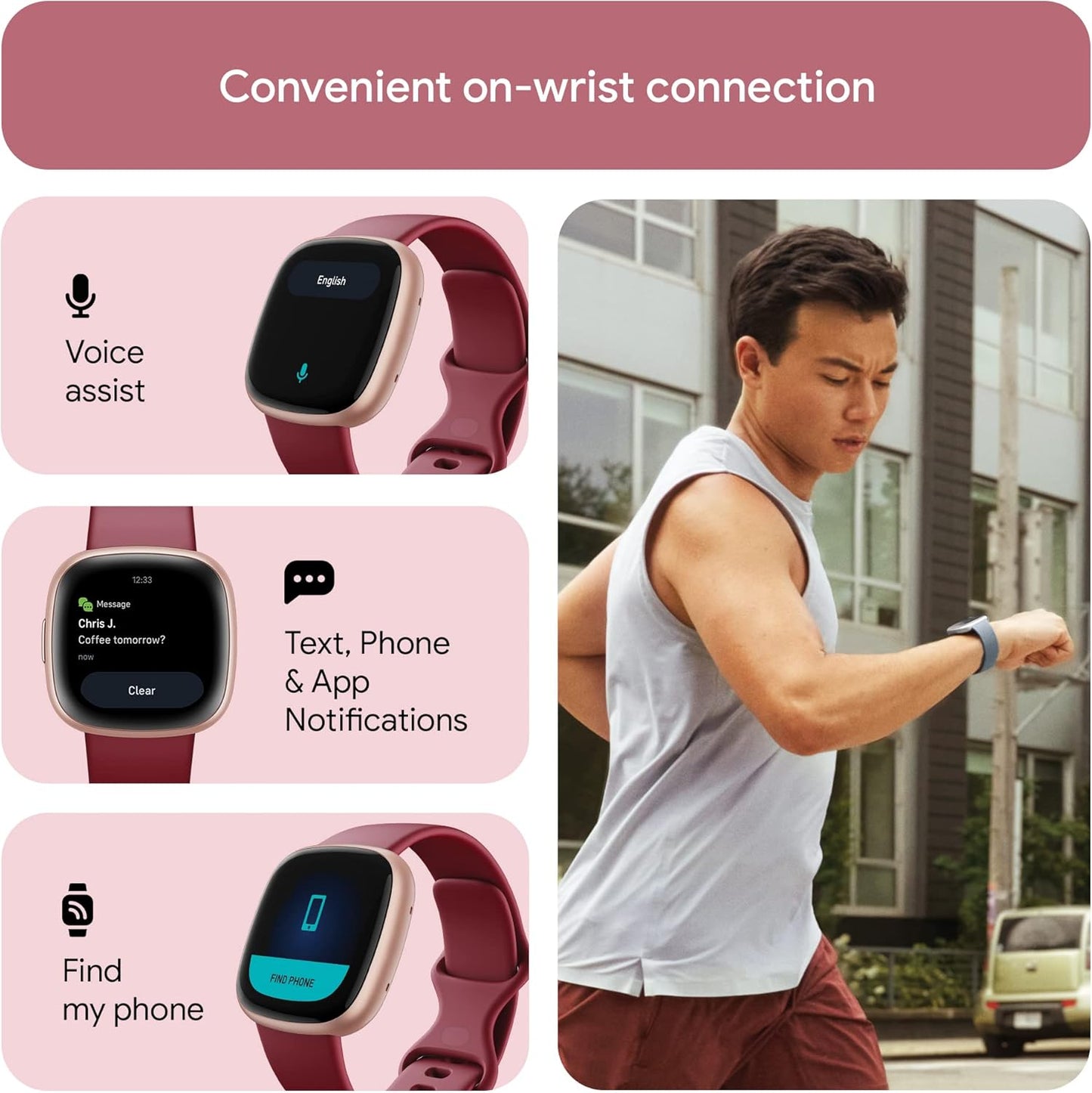 Fitbit Versa 4 Fitness Smartwatch with Daily Readiness, GPS, 24/7 Heart Rate, 40+ Exercise Modes, Sleep Tracking and More, Beet Juice/Copper Rose, One Size (S & L Bands Included)