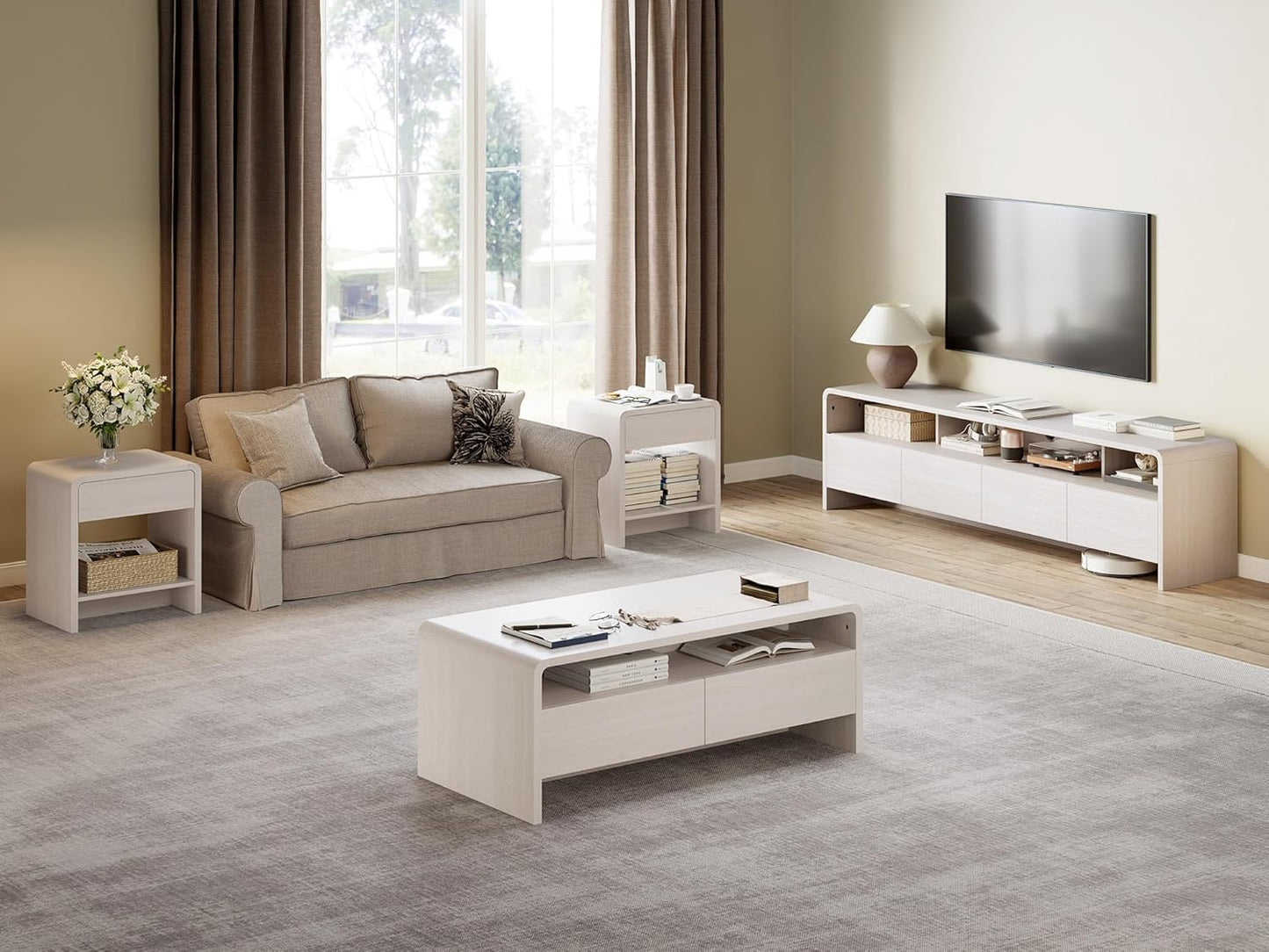 AMERLIFE 3-Piece Living Room Table Set, Includes Coffee Table & 2 End Tables, Modern Coffee Table Sets with Large Storage Drawers & Smooth Rounded Edges, White