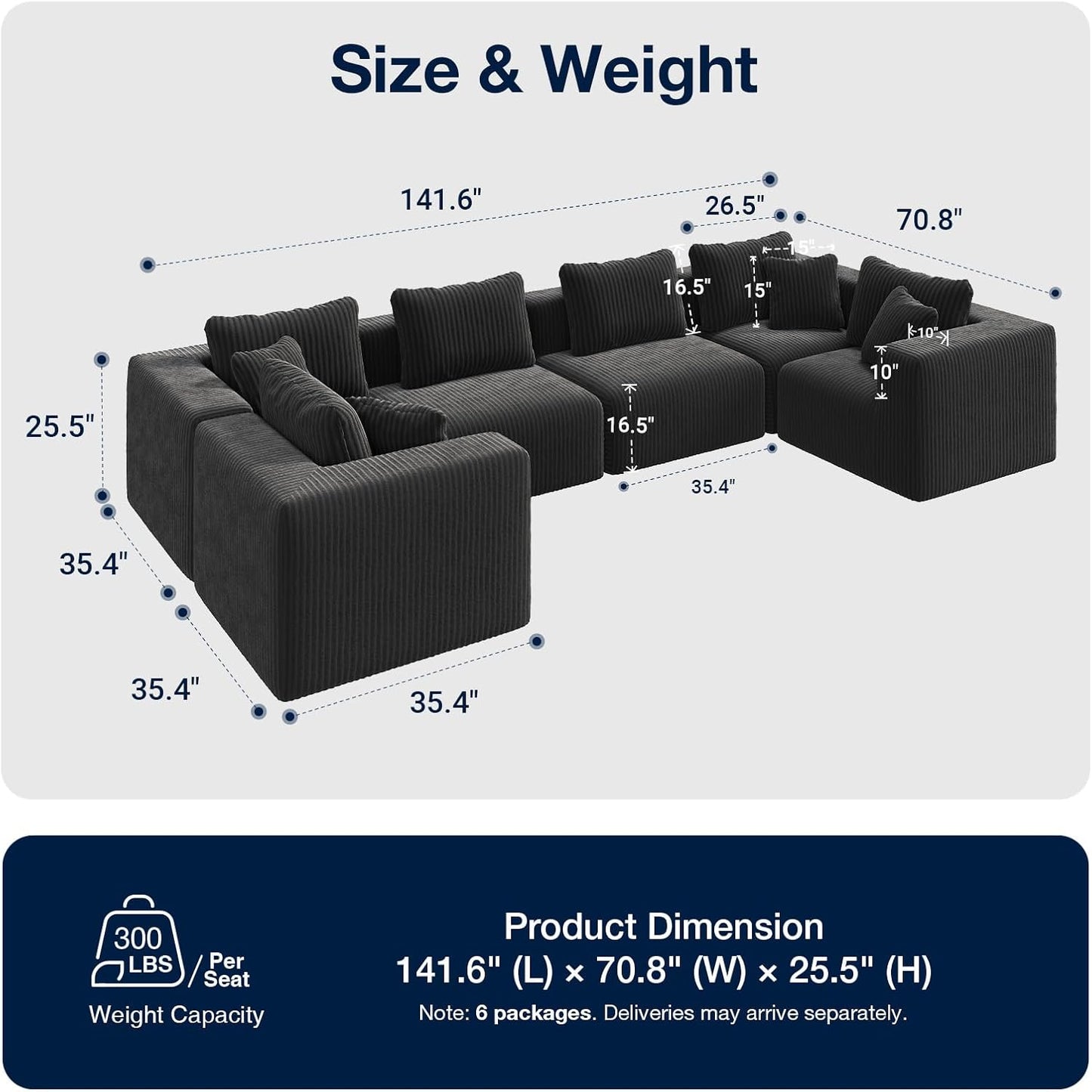 Avenco 141” 6-Seat Modular Sectional Sofa Couch, Individually Wrapped Coil Support & Corduroy Fabric, Zero Assembly 6-Piece Set for Large Living Room, Black