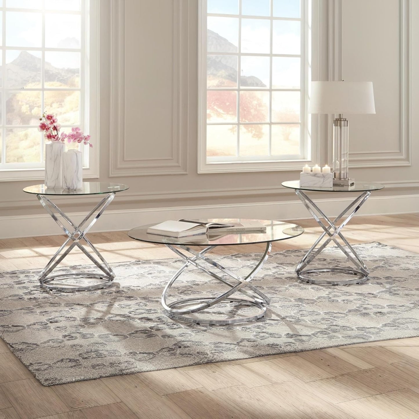 Signature Design by Ashley Hollynyx Contemporary Round 3-Piece Occasional Table Set, Includes Coffee Table and 2 End Tables, Chrome