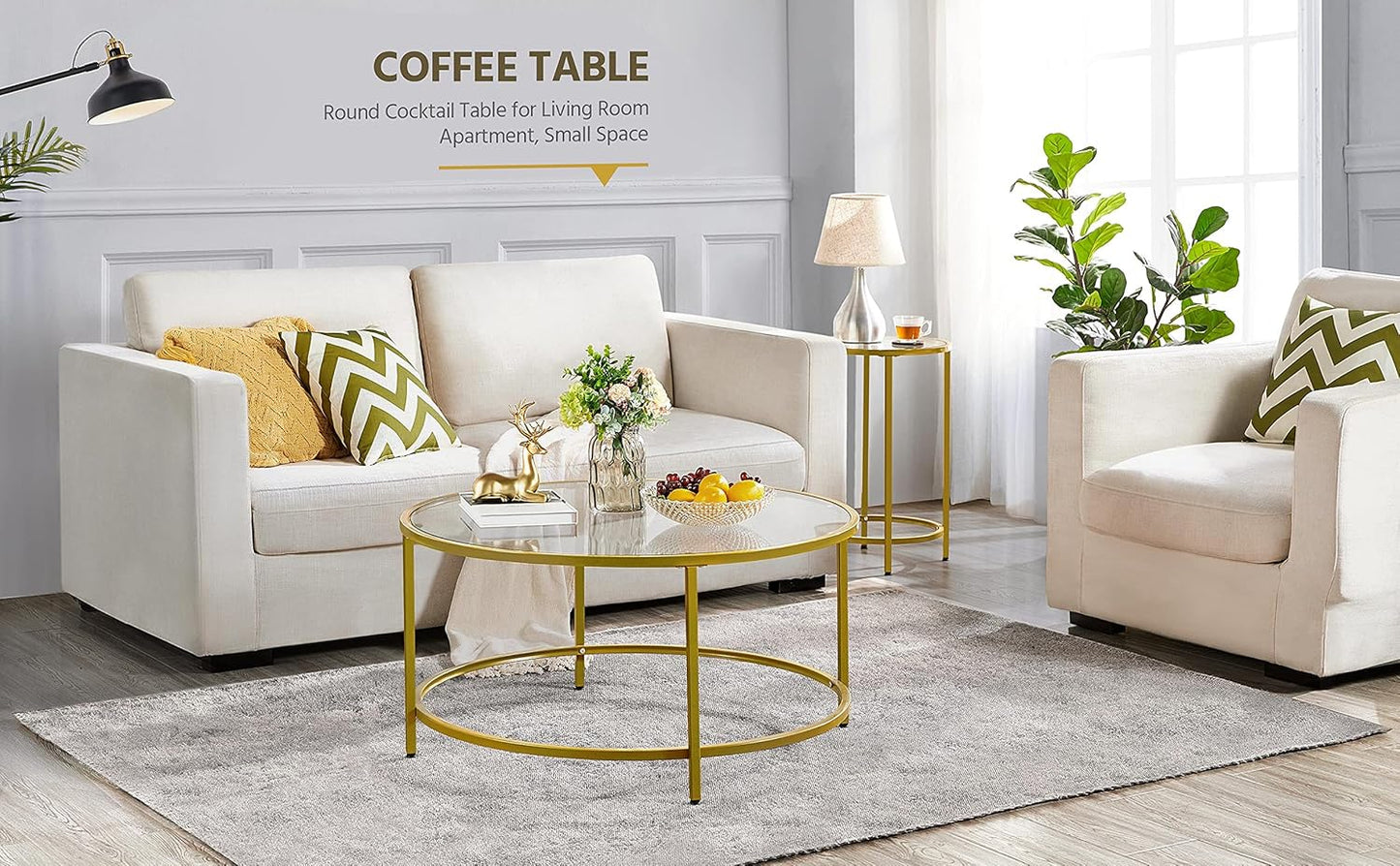 Yaheetech Coffee Table Set of 3, Round Coffee Table & 2pcs Accent End Table Easy Assembly w/Glass-Top Surface & Reinforced Frame for Living Room,Apartment,Small Space,Mustard Gold