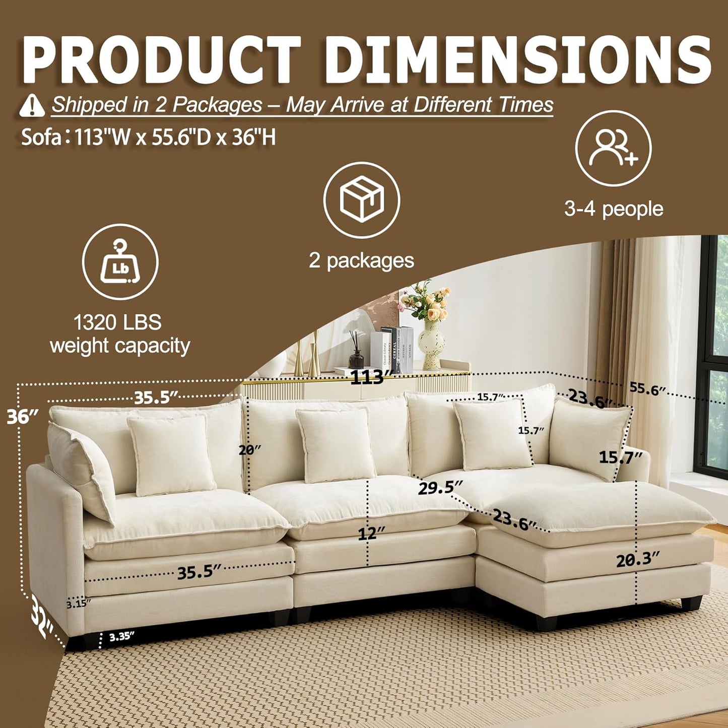 113” Modular Sectional Sofa, L Shaped Cloud Couch with Movable Ottoman, Comfy Chenille Deep Seat Sofa with Throw Pillows, 4 Seat Modern Couches for Living Room Bedroom Apartment, Beige
