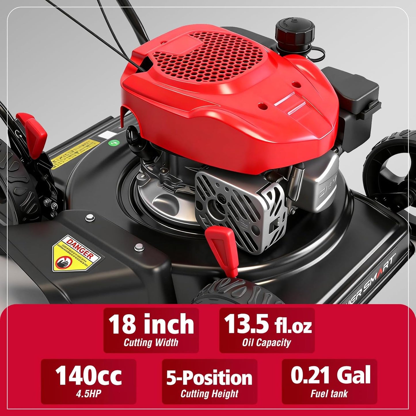 PowerSmart EasyCut 18" 144cc Gas Lawn Mower, Heavy-Duty Steel Deck, Side Discharge, 5-Position Height Setting, Walk-Behind Push Mower with Side Discharge