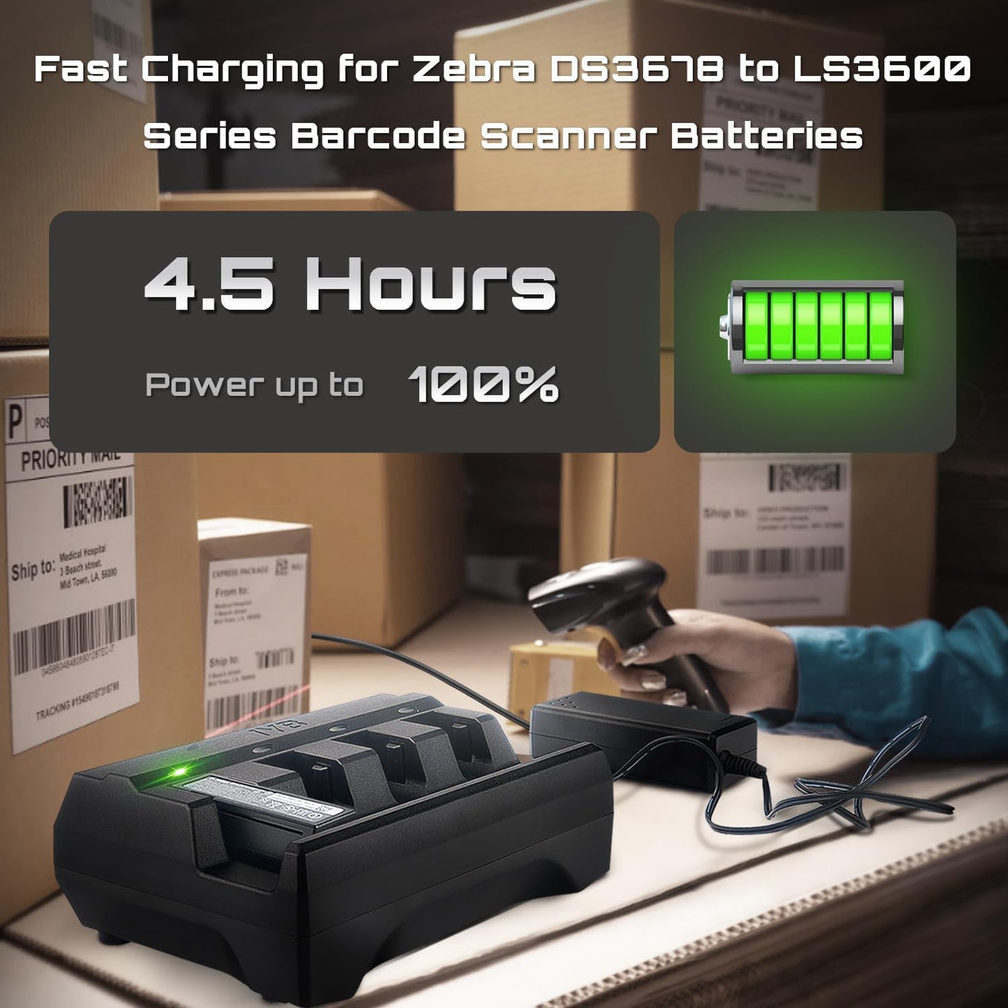 4-Slot Battery Charger SAC3600-4001CR for Zebra Barcode Scanners DS3678, DS3600, LI3678, LI3600, LS3678, LS3600 - Power Adapter Included, BTRY-36IAB0E-00 & 82-166537-01 Compatible