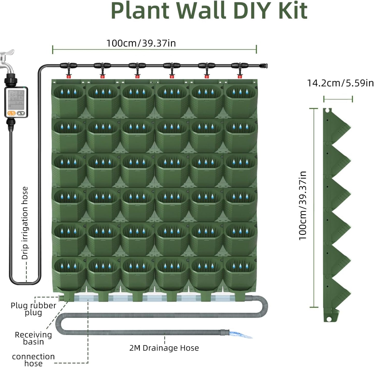 36 Pockets Self Watering Wall Mounted Vertical Planter, Wall Planter Indoor Vertical Living Green Plant Wall Easy Installation (Green with Timing System)