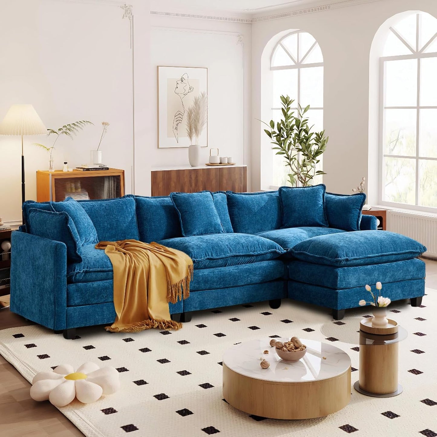 SoarFlash 113.78" Chenille Sectional Sofa, Comfy L Shaped Modular Coush Sofa with Ottoman, Modern 4 Seat Couch Deep Seat Sofa Set for Living Room,Blue