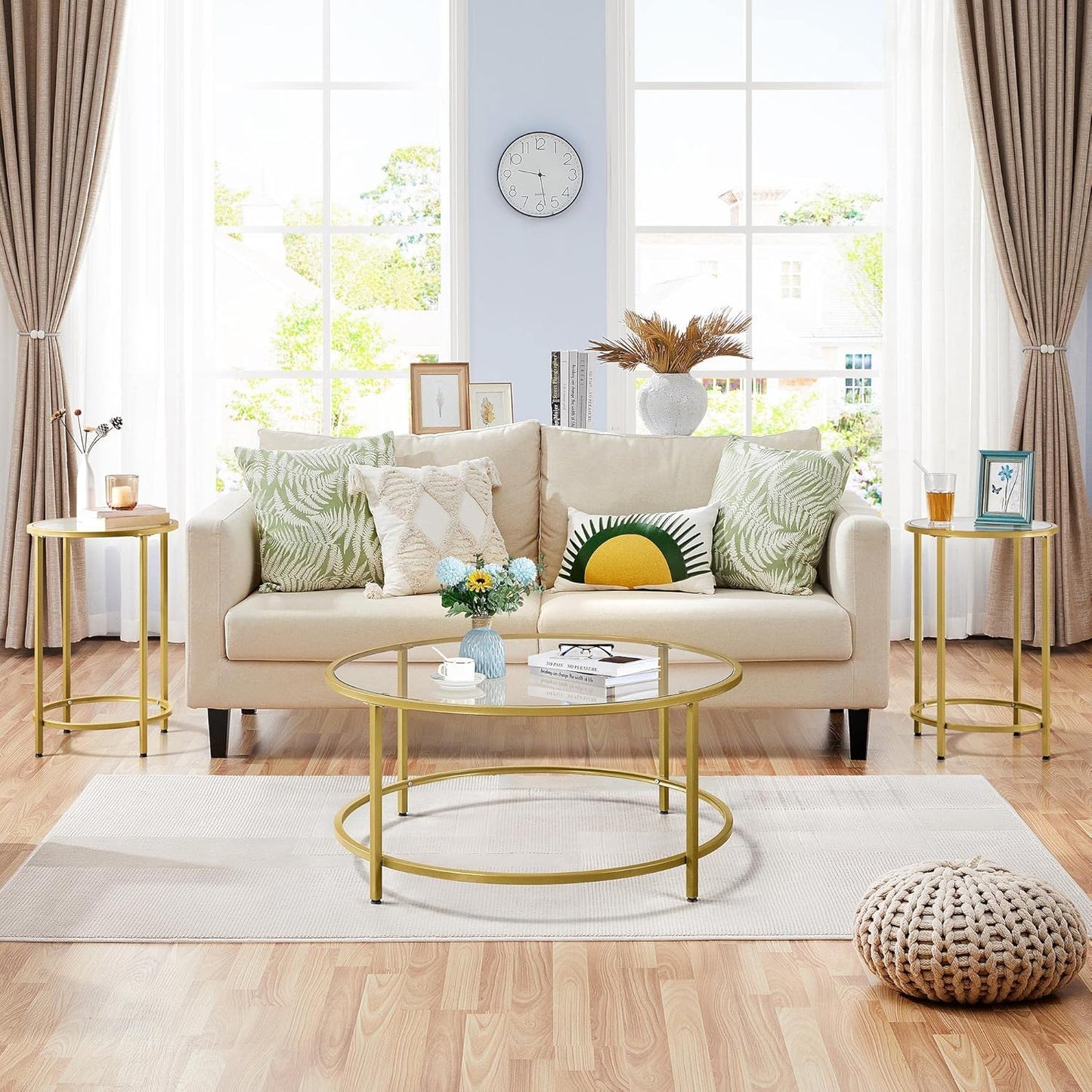 Yaheetech Coffee Table Set of 3, Round Coffee Table & 2pcs Accent End Table Easy Assembly w/Glass-Top Surface & Reinforced Frame for Living Room,Apartment,Small Space,Mustard Gold