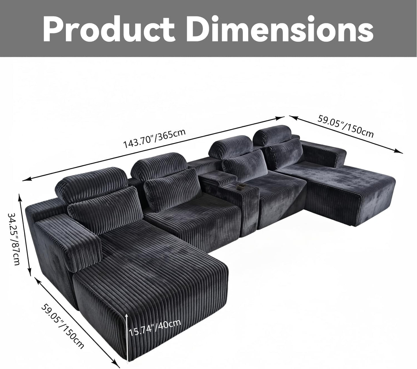 KEIKI Modular Sectional Cloud Couch for Living Room - 143" 6 Seater Convertible Velvet Couches Set with Ottoman, No Assembly Compression Sofa, Comfortable Sofa with Chaise Lounge & Cup Holders, Black