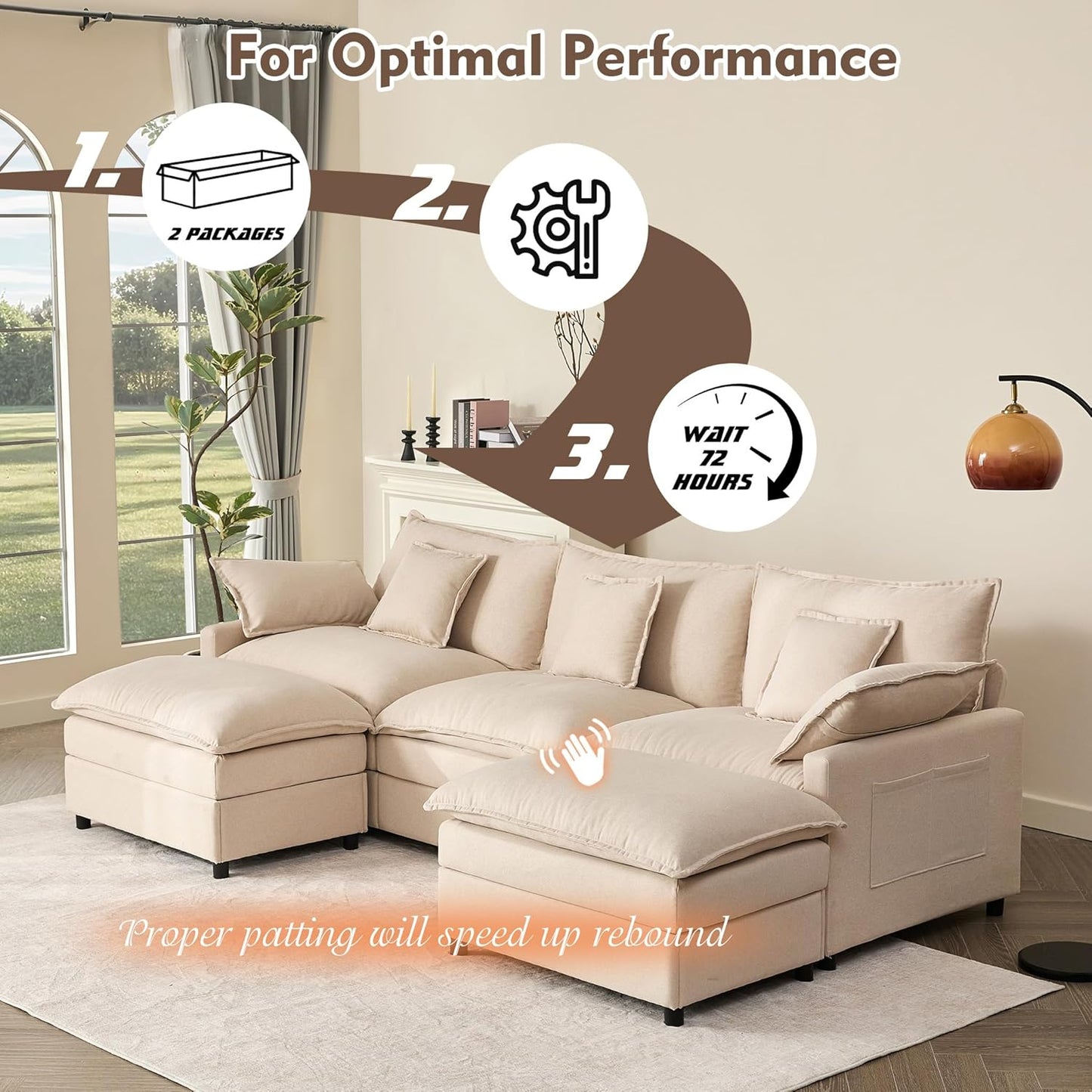 GOSUHI 108" U Shaped Couch, Modular Sectional Sofa, 3-Seater Comfy Cloud Couch, Set of Modular Pieces with Movable Ottoman, Deep Seat Couches for Living Room, Linen, Beige
