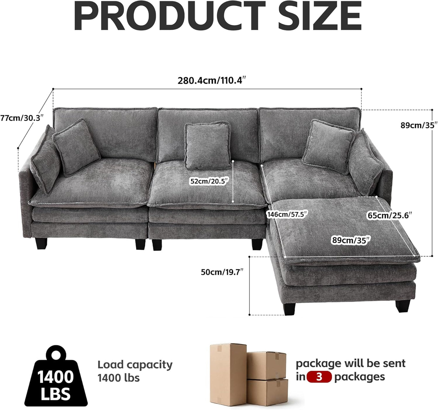 Opiesit Modular Sectional Sofa with Movable Ottoman, 110" 4-Seat Modern Couches for Living Room, Comfy L Shaped Couch Set with Deep Seat for Office and Apartment, Grey Chenille Fabric
