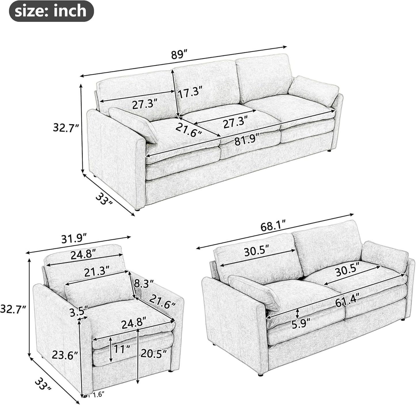 Harper & Bright Designs 2-Piece Chenille Fabric Upholstered Sofa Set with Oversized Comfy Cloud 3-Seater Couch and Loveseat Sofa, Double Plush Cushion for Living Room