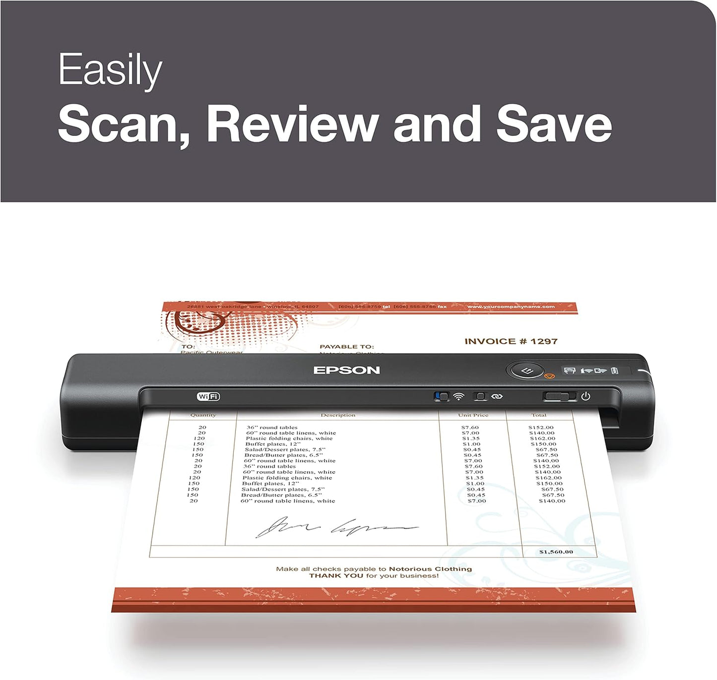 Epson Workforce ES-60W Wireless Portable Sheet-fed Document Scanner for PC and Mac 10.7" by 1.9" by 1.4"