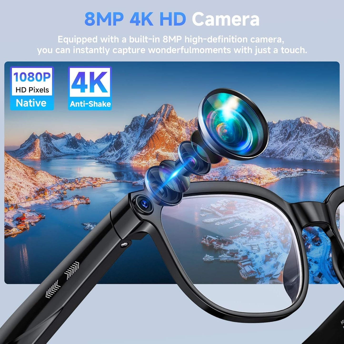 AI Smart Glasses with Camera Bluetooth, 800W HD Anti-Shake 1080P Video Audio Recording Glasses, Real-Time AI Translation GPT Assistant, Blue Light, Smart Glasses for Men Women Vlogging & Conference