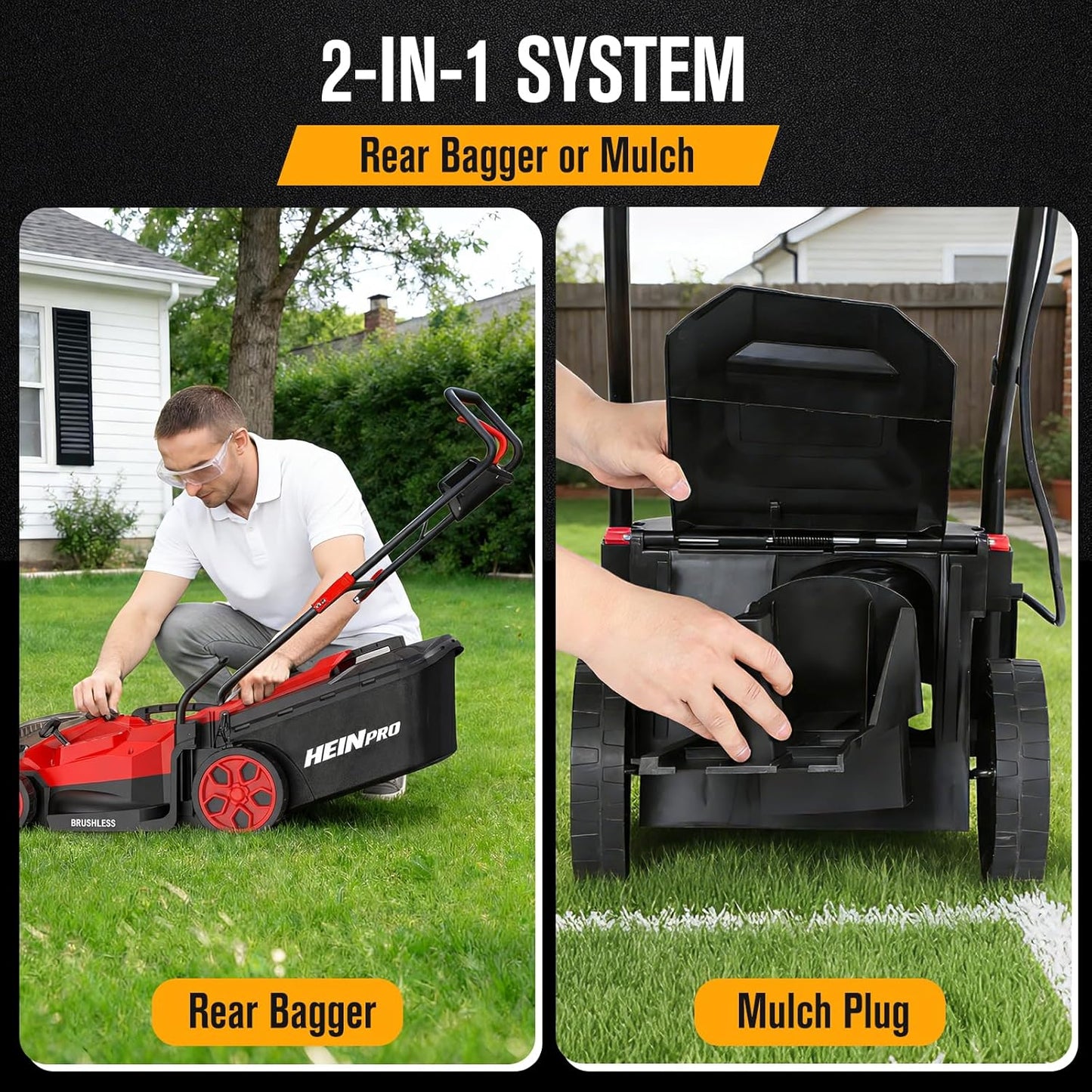 HEINPRO 14" Cordless Lawn Mower Compatible with Milwaukee M18 Battery, 2-in-1 Brushless Electric Lawn Mower for Small Yards, Push Mowers with 5-Position Height Adjustment, Red (Tool Only)