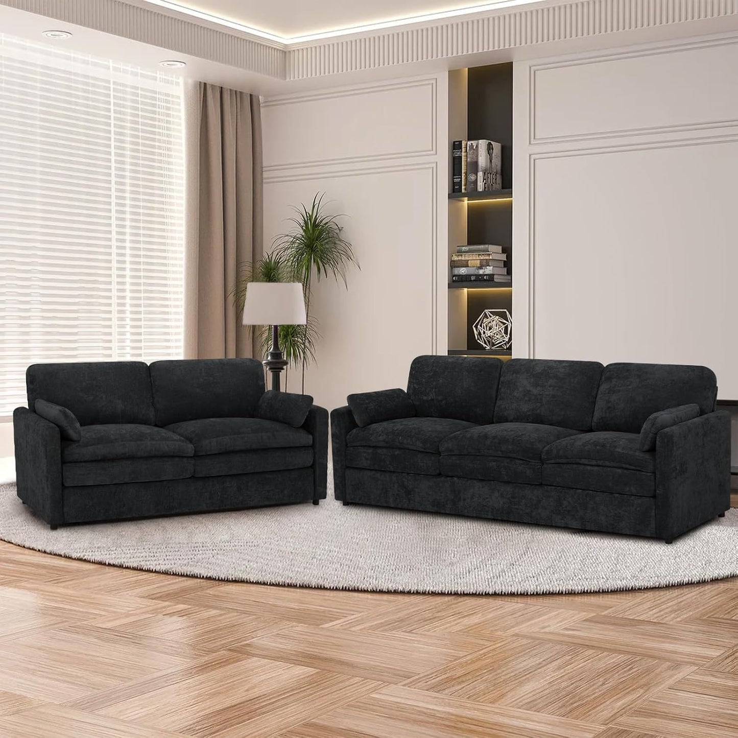 2 Pieces Chenille Sofa Set w/Two Throw Pillows, Upholstered Loveseat & 3 Seater Sofa w/Comfortable Back Cushions, Modern 2-Seat & 3-Seat w/High-Density Foam for Living Room, Apartment, Black