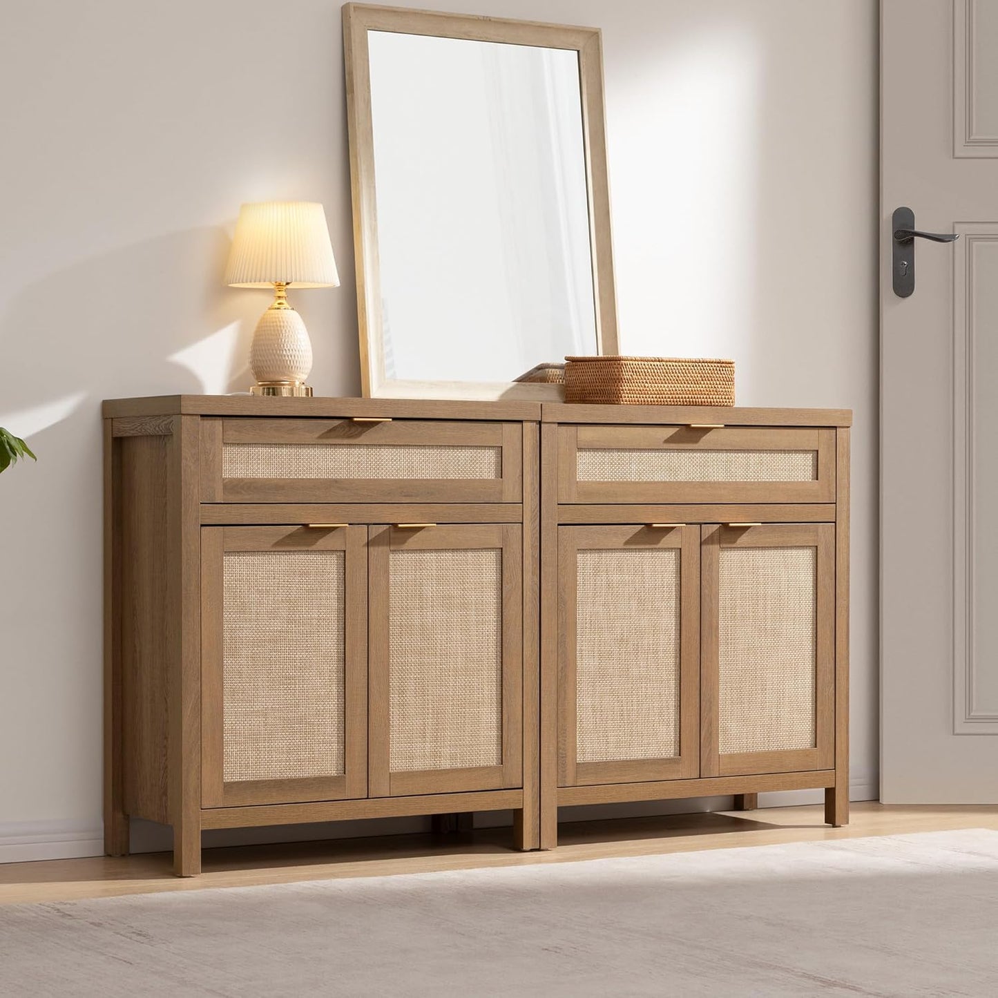 SICOTAS Sideboard Buffet Cabinet Set of 3, Rattan Credenza Storage Cabinet, Boho Buffet Table Console Cabinets with Drawer, Farmhouse Coffee Bar for Living Room, Natural Oak