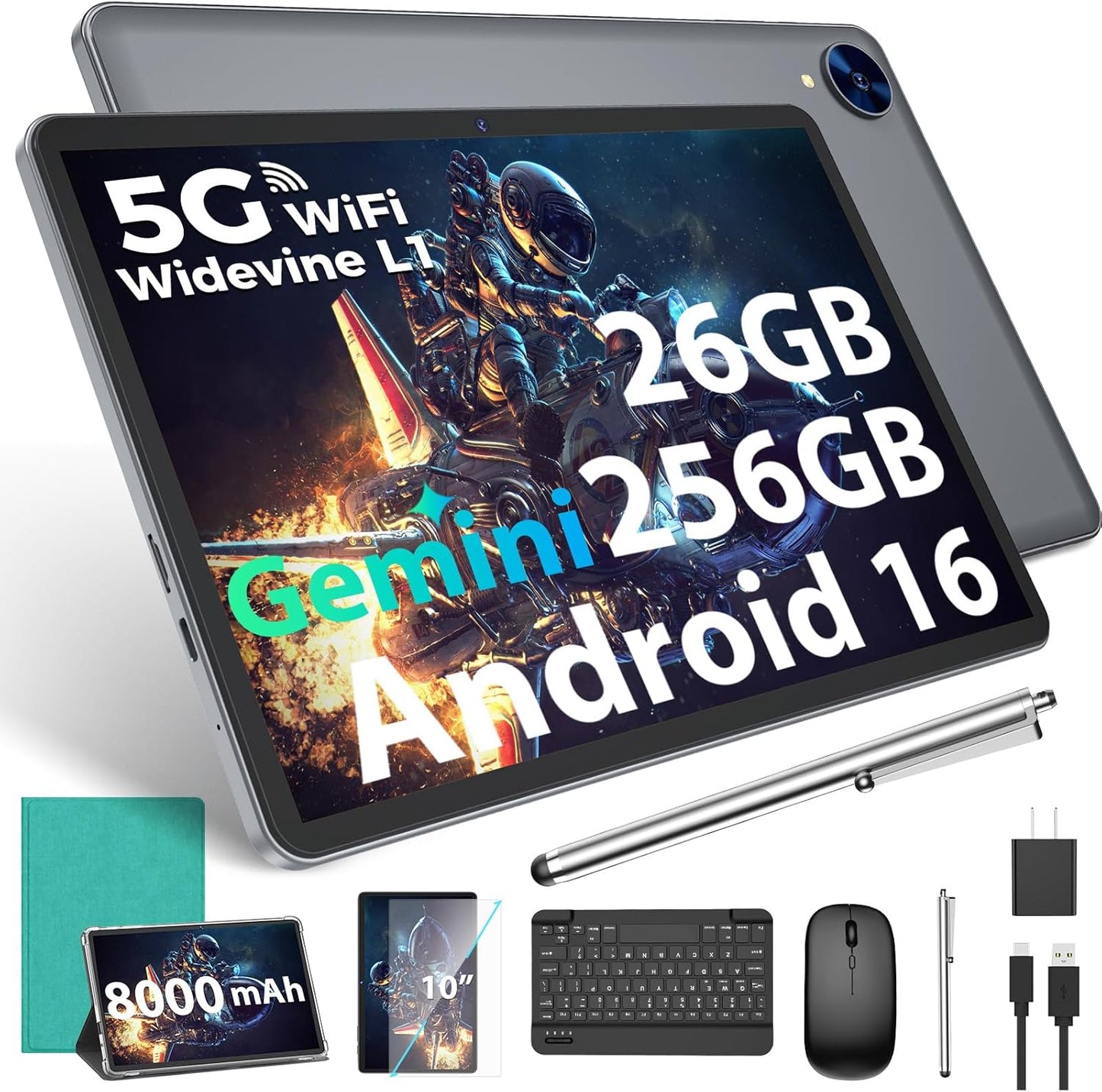 2026 Gemini AI Android 16 Tablet, 10 inch Tablet with Keyboard, 26GB+256GB (2TB Expand), 2-in-1 Tablets with 8-Core, 5G WiFi, 8000mAh, GMS, GPS, Electronic Tablets PC with Mouse, Case, Stylus (Green)