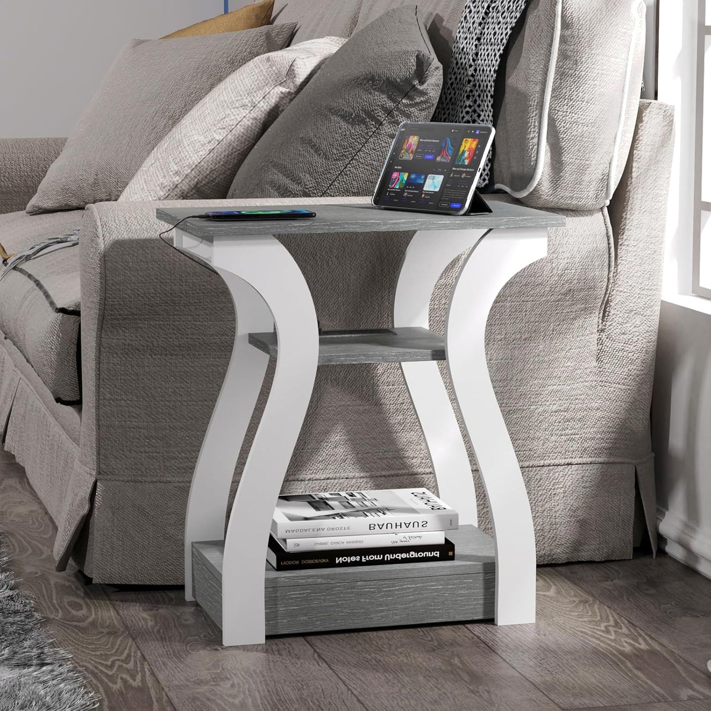 FROMJBEST End Tables Living Room Set of 2,Grey End Table with Charging Station,Grey Side Table, Nightstand for Bedroom, 3 Tier End Table with Storage Shelf for Living Room