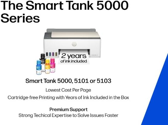 HP Smart Tank 5000 Wireless All-in-One Ink Tank Printer, Scanner, Copier with 2 Years of Ink Included, Best-for-Home, Cartridge-Free, Refillable, AI-Enabled, an EcoTank Alternative (5D1B6A)