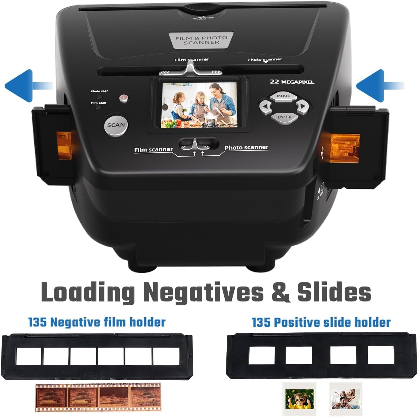 22MP Photo and Slide Scanner with 2.4” LCD Screen, All-in-One Digital Film Converter for 35mm/135 Negatives & Slides, 3R 4R 5R Print Photos and Business Cards, 4GB SD Card Included