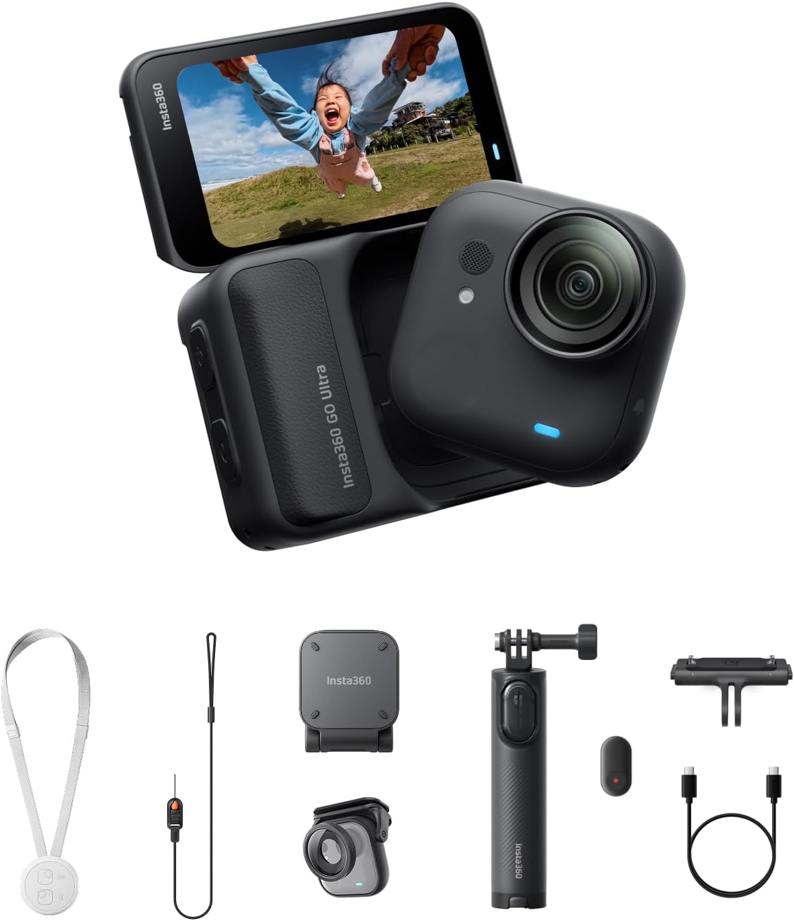 Insta360 GO Ultra Family Bundle - Small 4K Vlogging Camera, Hands-Free, POV Cam, 1/1.28" Sensor, 53g Lightweight, 156° FOV, 200 Min Battery Life, Magnetic Wearable Action Camera for Sports, Vlog