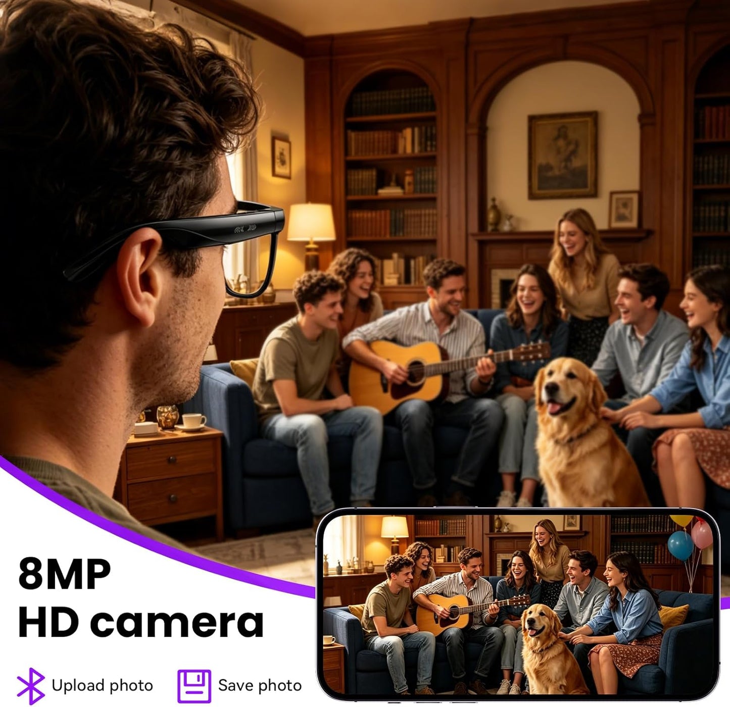 Hwagol Smart Glasses with Camera, 8MP HD Photo and Video Recording,AI Glasses with Real-Time Translation/Object Recognition/AI Voice Q&A/Recording, Calls and Music,UV & Blue Light Protection
