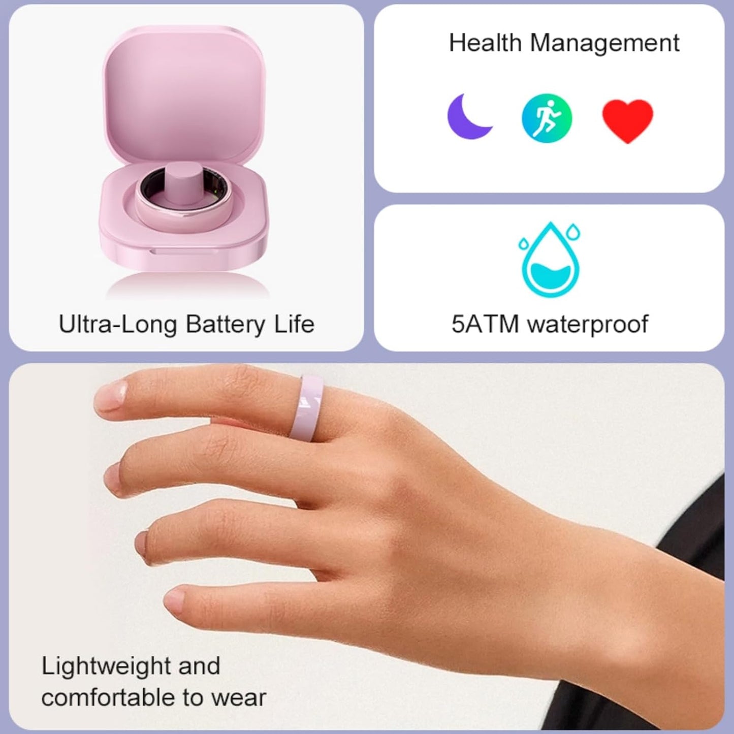 Smart Rings for Couples, Health Rings for Men & Women, 24/7 Track Heart Rate, Sleep, SpO2, Stress, HRV & Cycles, 5ATM Waterproof, iOS/Android, No Subscription, Pink, Size 6 (16.6mm)