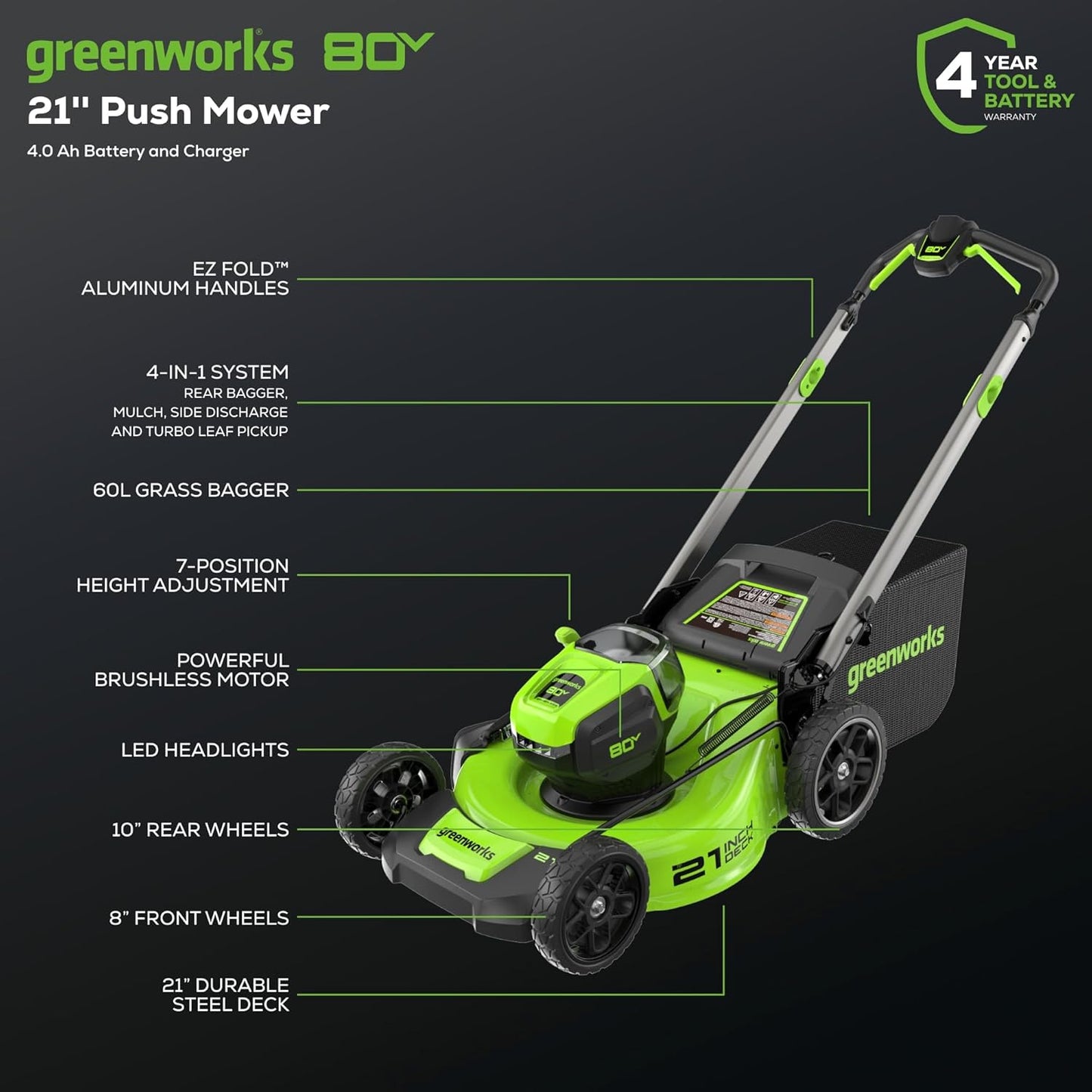 Greenworks 80V 21" Cordless Push Lawn Mower – Brushless Motor, LED Lights, 4.0Ah Battery & Rapid Charger (75+ Compatible Tools)