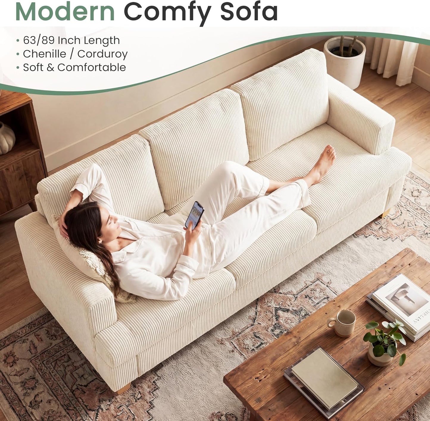YOUDENOVA 63" Corduroy Sofa Couch Loveseat for Living Room, Small Seep Seat Loveseat Sofa for Bedroom, Comfy Chenille Couch for Small Spaces, White Corduroy