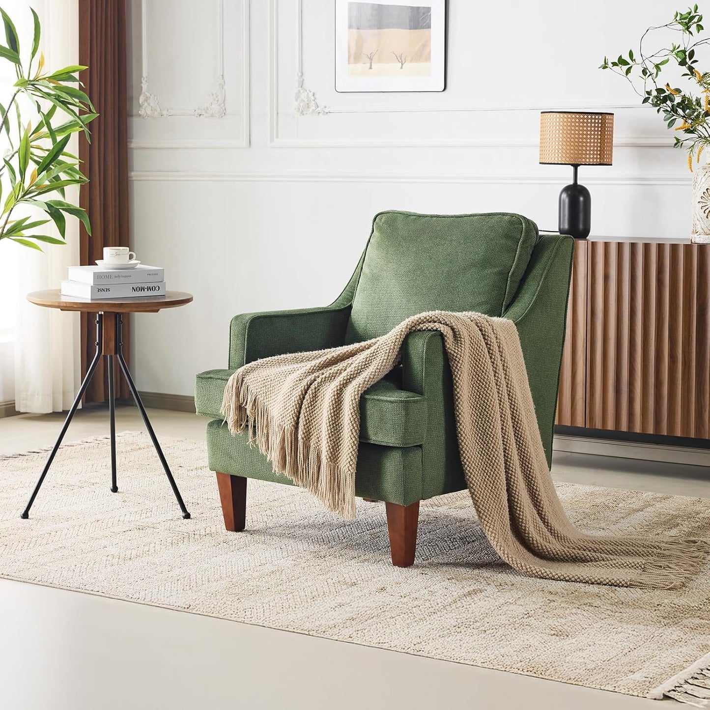 VINGLI Mid-Century Modern Accent Chairs Set of 2, Green Upholstered Armchair Comfy Sofa Chairs Reading Chair High Back for Living Room Bedroom Furniture Apartment