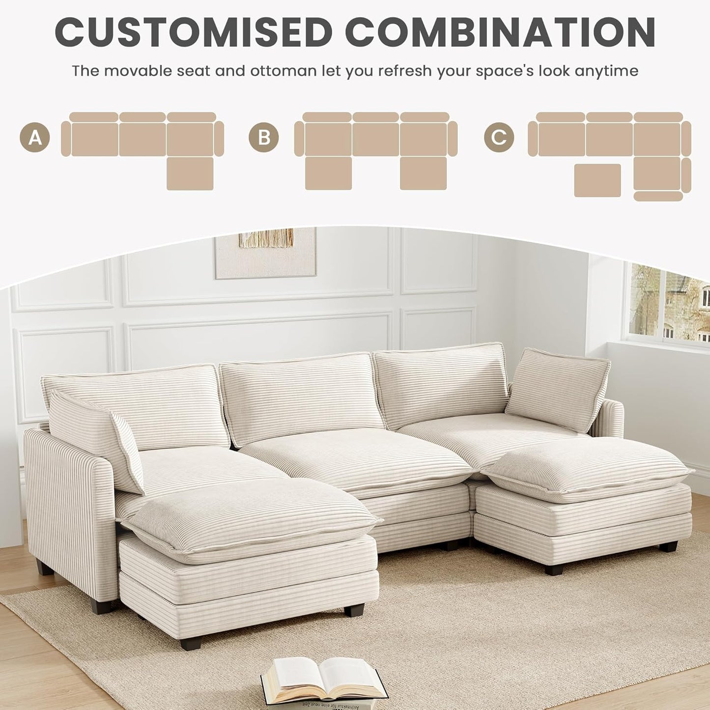 112'' Sectional Modular Cloud Couch, Oversized 5 Seat Couches U Shaped Sofa with 2 Movable Ottomans, 2 Throw Pillows, Upholstered Corduroy U Shape Comfy Deep Couches for Living Room and Office, Beige