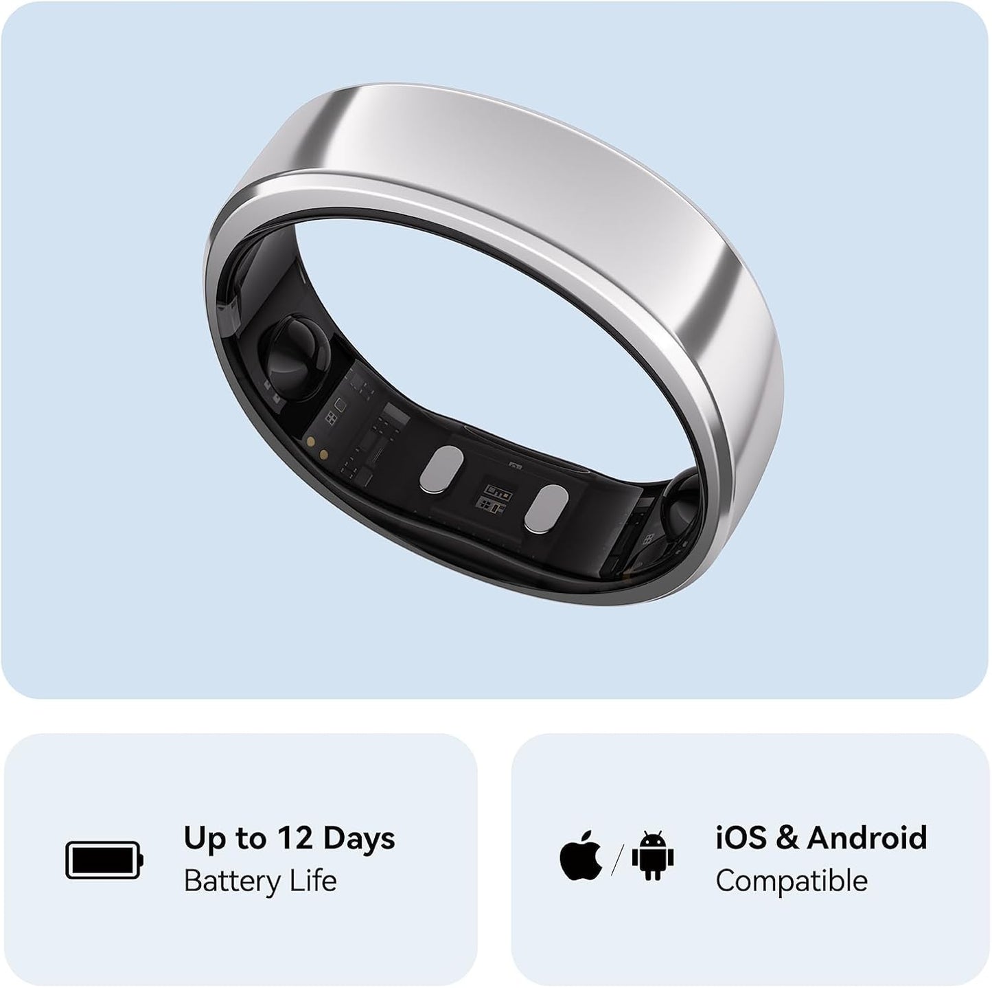 RingConn Gen 2, World's First Smart Ring with Sleep Apnea Monitoring, No APP Subscription, 12-Day Battery Life, Stress/Heart Rate/Women's Health Tracker, Android & iOS Compatible (Silver, Size 9)