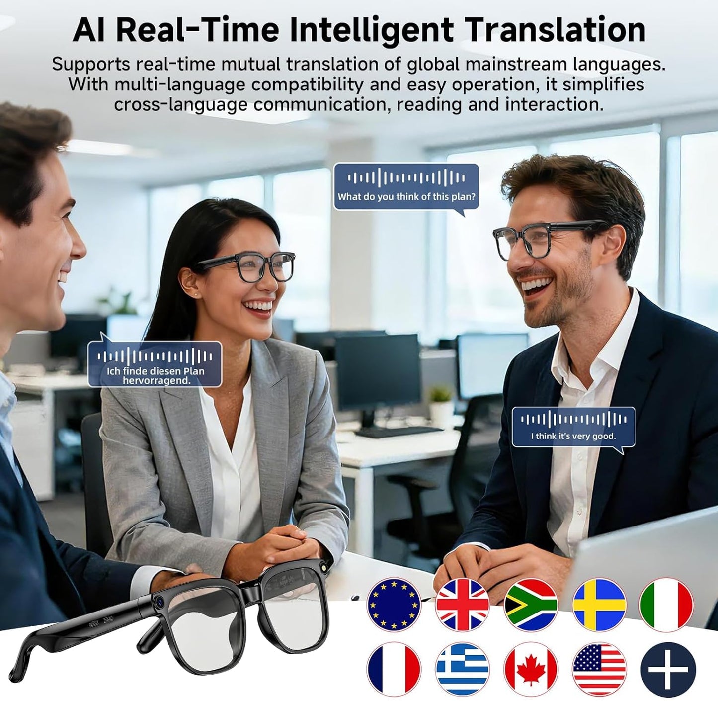 AI Smart Glasses with Camera, 4K 800W HD Video Recording Glasses with Audio, Bluetooth Sunglassess with Camera, Real-Time Translation, Voice Assistant, Object Recognition, Hands-Free Music Calls