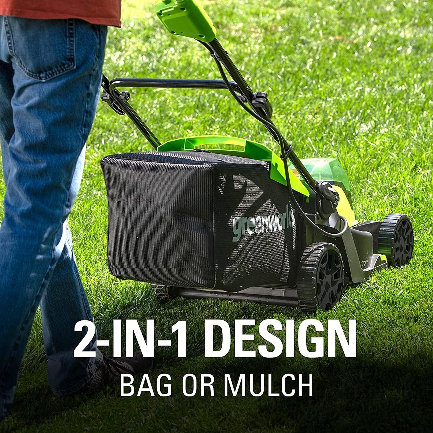 Greenworks 48V (2 x 24V) 17" Brushless Cordless Lawn Mower + 24V Drill / Driver, (2) 4.0Ah USB Batteries (USB Hub) and Dual Port Rapid Charger Included