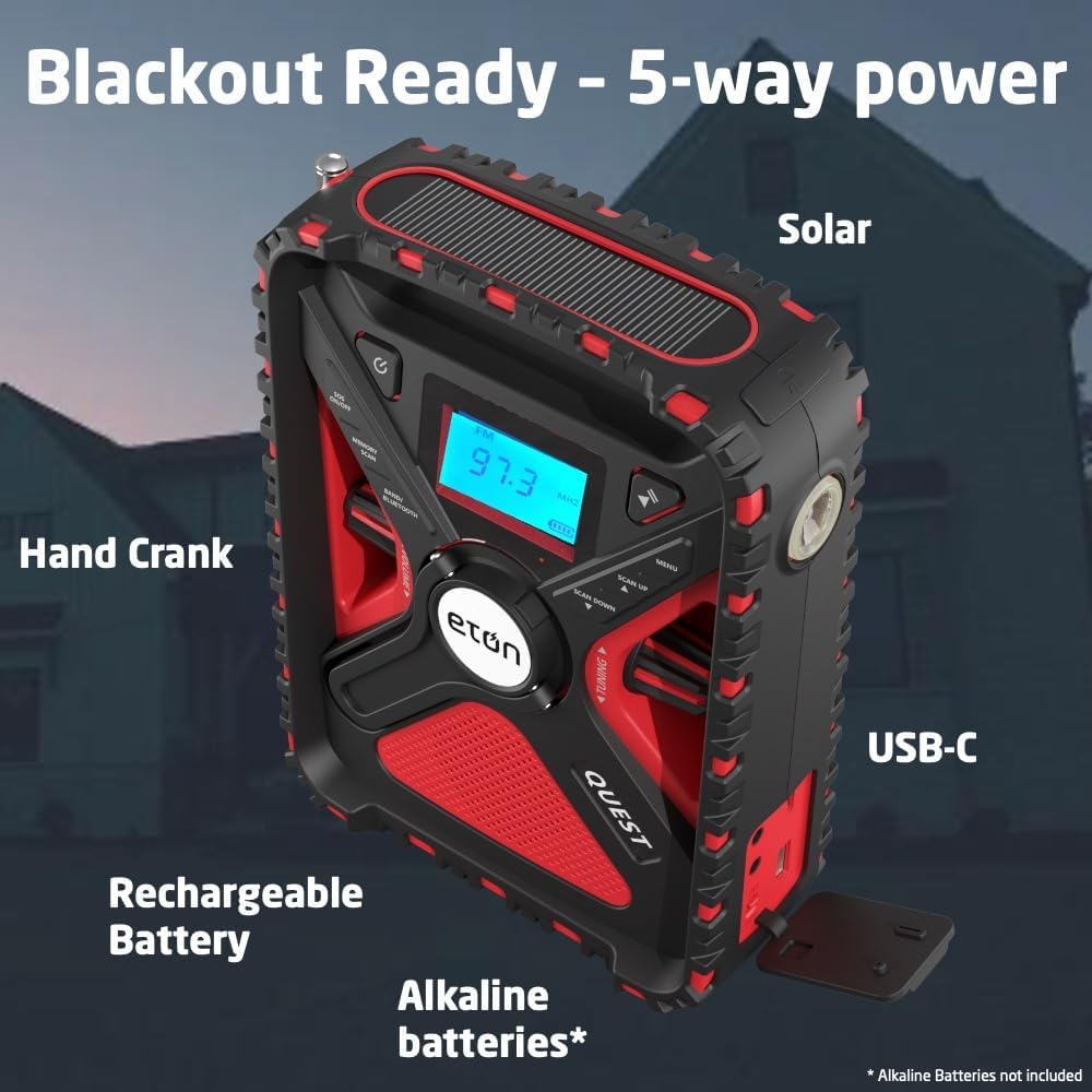Eton Quest Hand Crank NOAA Weather Radio, All Band Emergency Radio, AM/FM Shortwave Storm Radio, Bluetooth, Ambient Light, Phone Charger, RDS, Solar, Flashlight, Camping, Hiking