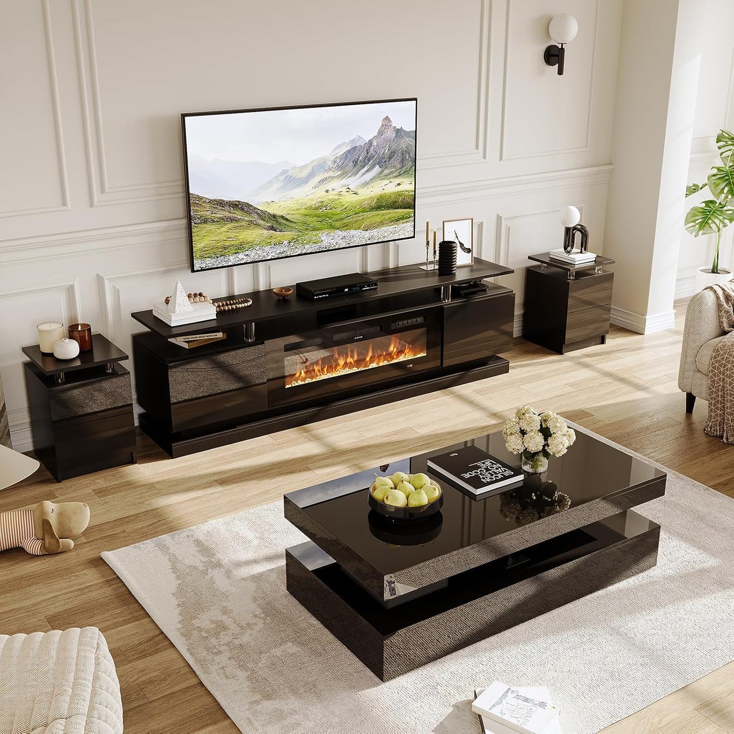 4-Piece Modern Living Room Table Set, Includes High Gloss 70" Fireplace TV Stand, 47" LED Coffee Table and 15" End Tables Set of 2 with Storage Drawers, Black