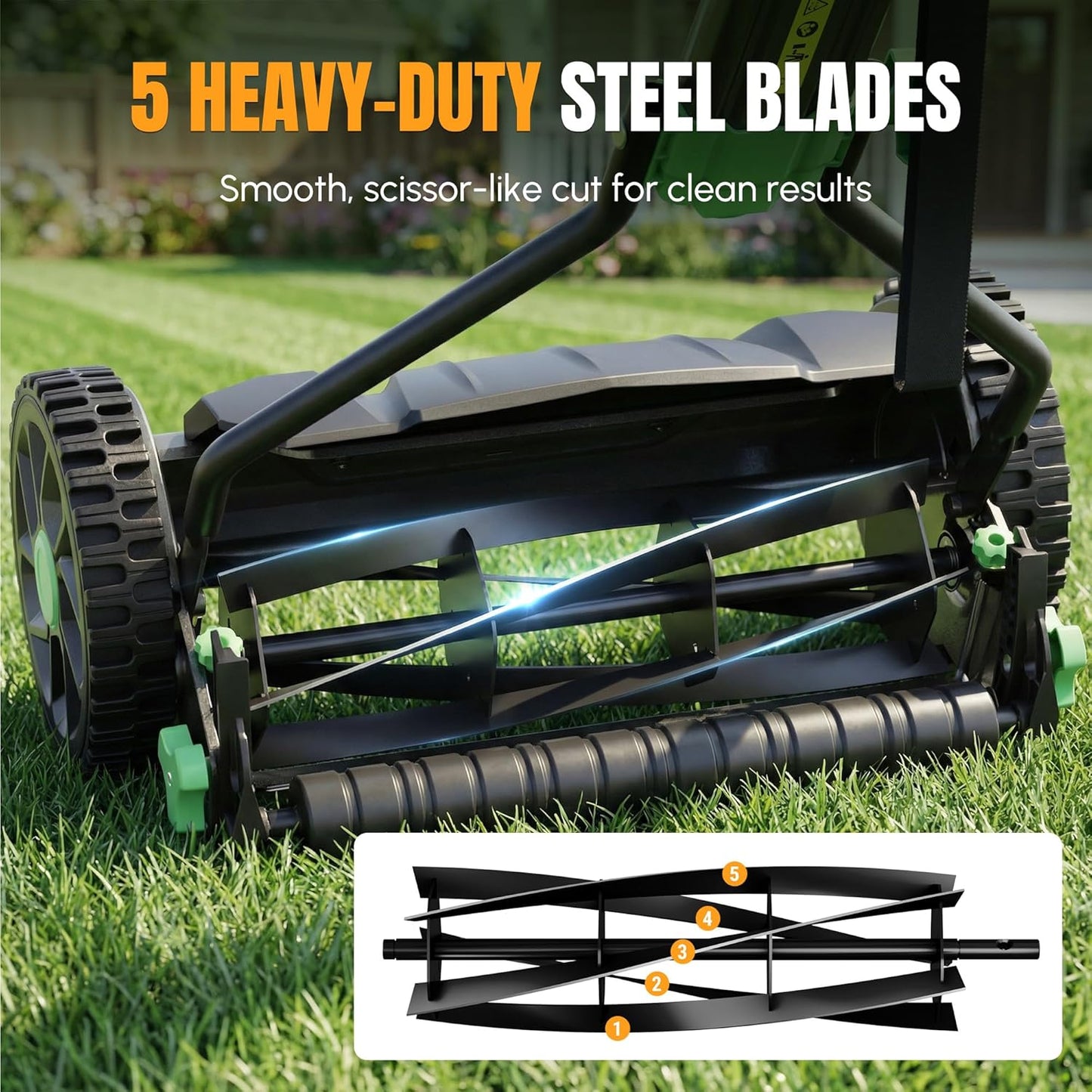 WORKPROX 16-Inch Push Reel Lawn Mower, Adjustable Height 5-Blade Reel Mower with Removable 8-Gallon Grass Catcher for Yards and Gardens, Black