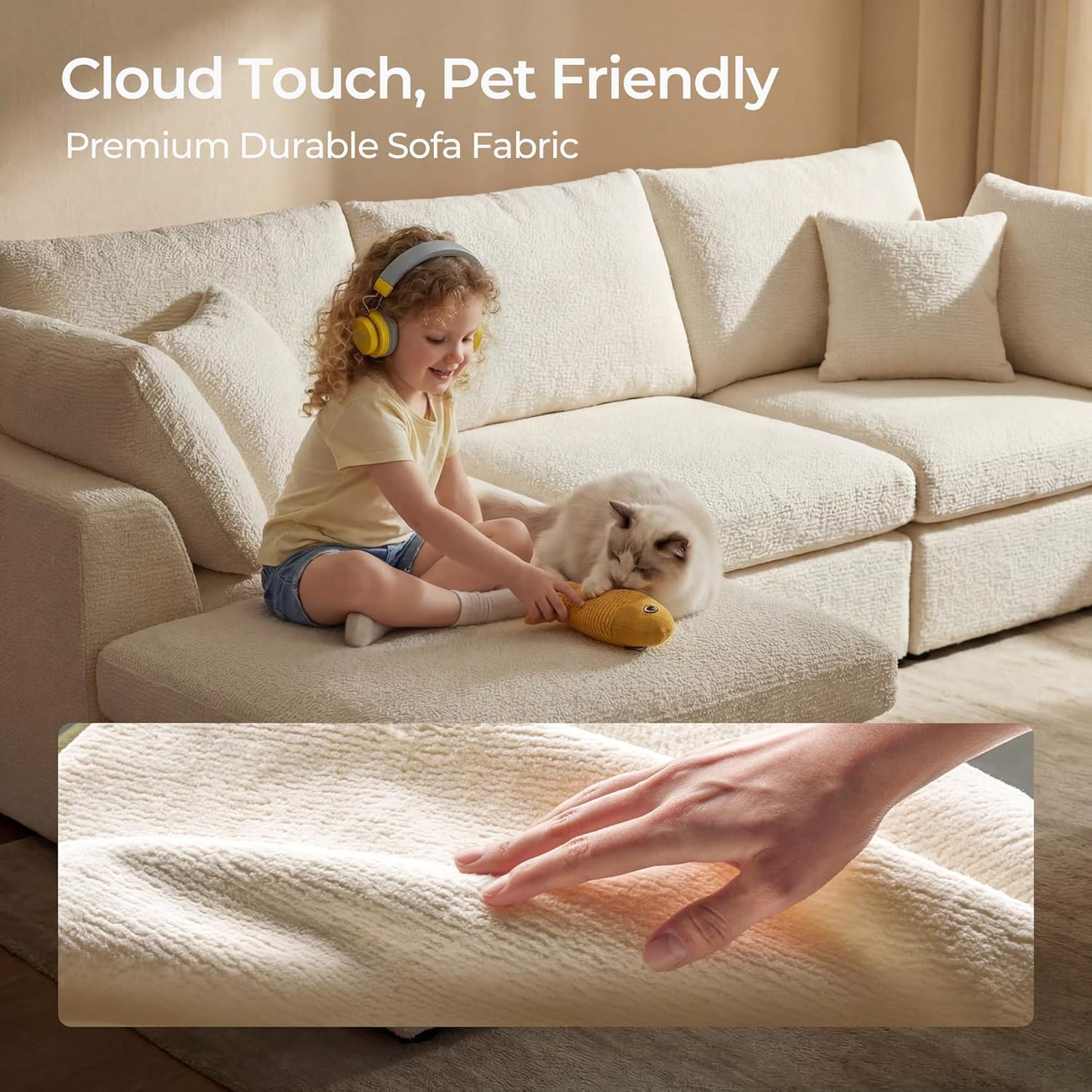 Amsleekey 108" Cloud Sectional Couches, with 1 Extra Washable Cover, L Shaped 25.6" Deep Seat Couch with Ottoman, Oversized Comfy Living Room Sofa, DIY Color Refresh (White Sofa + Gray Cover Set)