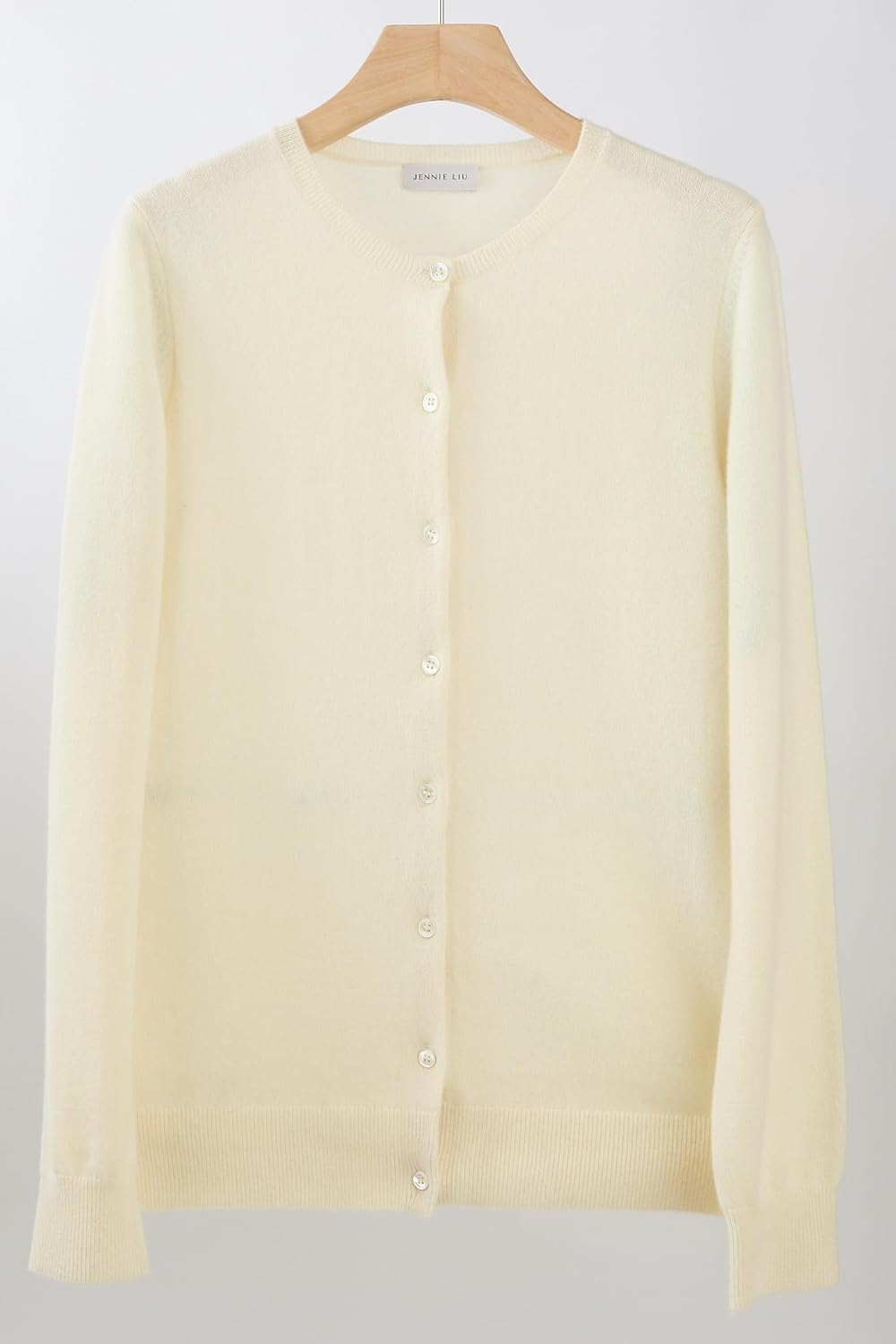 JENNIE LIU Women's 100% Cashmere Button Front Long Sleeve Crewneck Cardigan Sweater