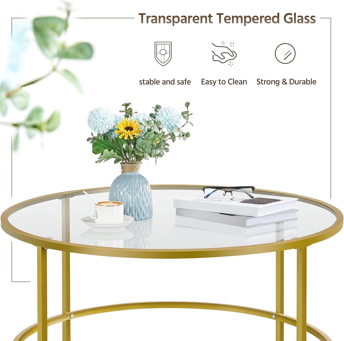 Yaheetech Coffee Table Set of 3, Round Coffee Table & 2pcs Accent End Table Easy Assembly w/Glass-Top Surface & Reinforced Frame for Living Room,Apartment,Small Space,Mustard Gold