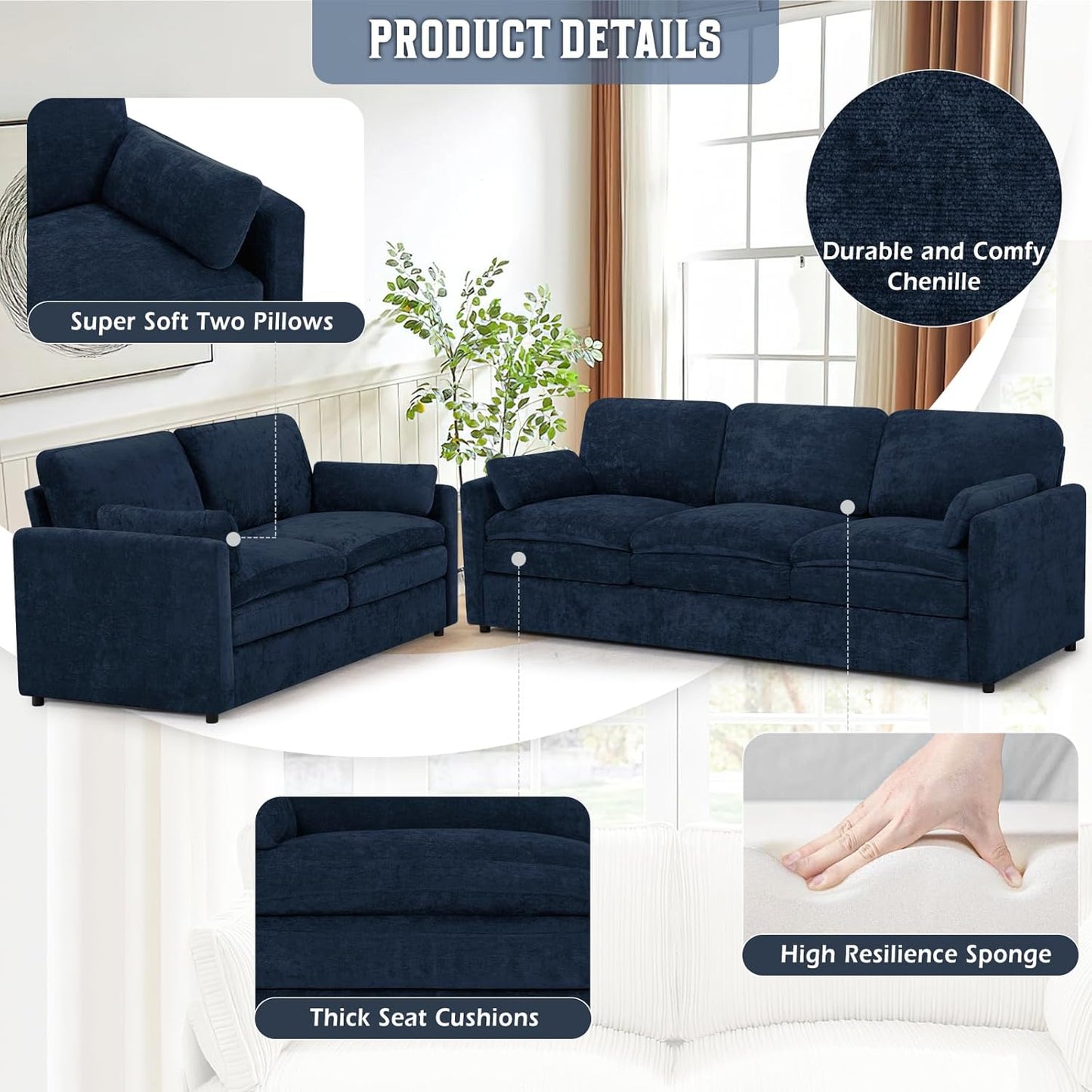Classic Chenille Sofa Set with 2 Extra Armrest Pillows, Loveseat and 3-Seat Sofa with Upholstered Seat & Backrests, 2 Pieces Sectional Couch with Thickened Cushions for Living Room, Blue