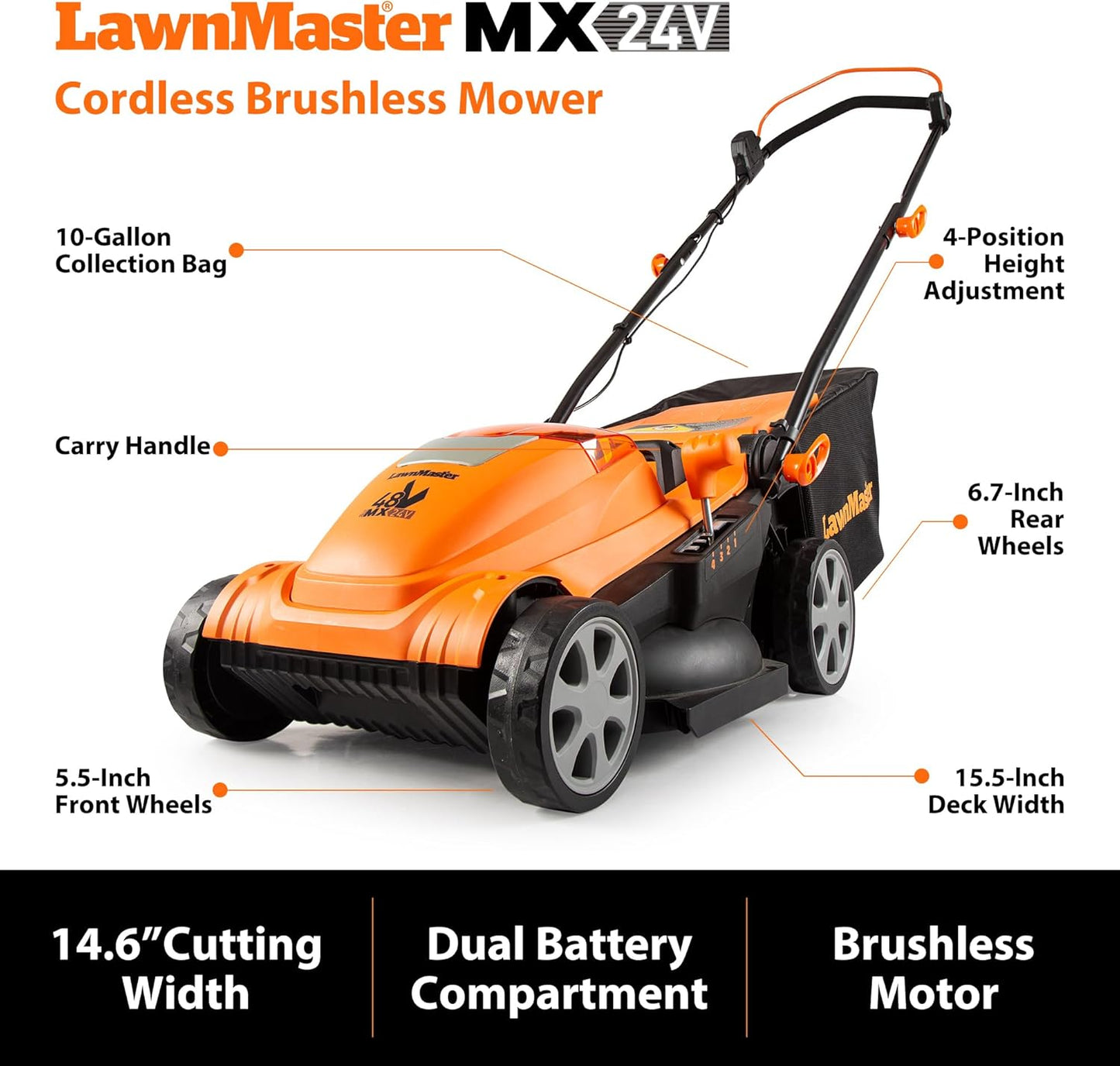 LawnMaster Lawn Mower, Brushless Cordless Lawn Mower 48V MAX 15-inch with 2X24V MAX 4.0Ah Battery and a Dual Charger-CLMF4815E