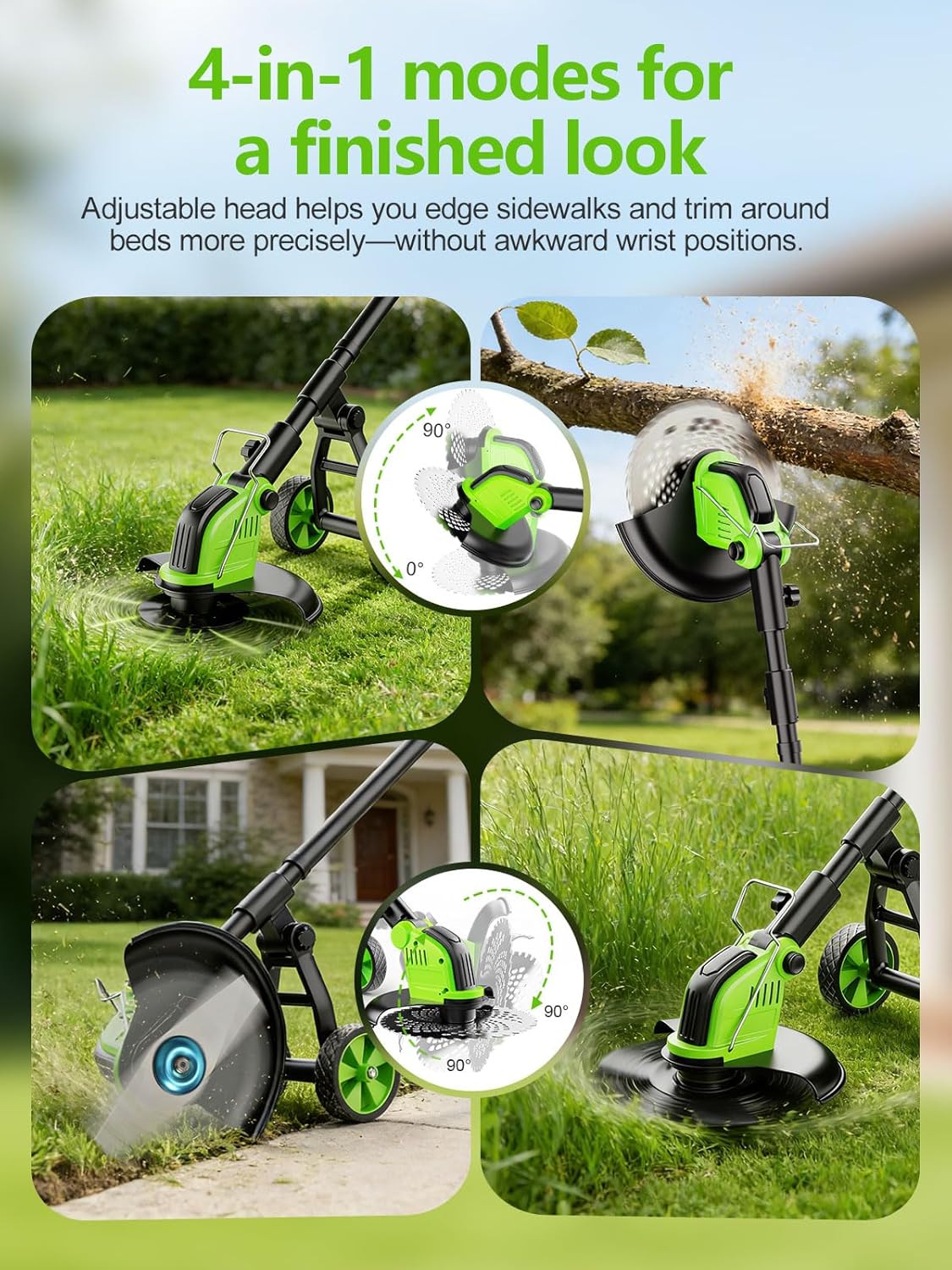 20,000RPM Cordless Electric Weed Wacker, 800W Brushless Weed Eater with Wheels, 12" 4-in-1 String Trimmer Lawn Edger Mini Lawn Mower Brush Cutter, Foldable, 21V, 2×4.0Ah Batteries Power Display