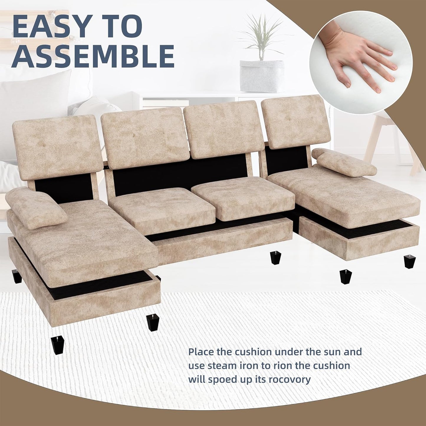 U-Shaped Sectional Couches for Living Room, 4 Seat Sofa with Double Chaise Lounges,Solid Wood Frame Sectional Sofa for Apartment,Beige