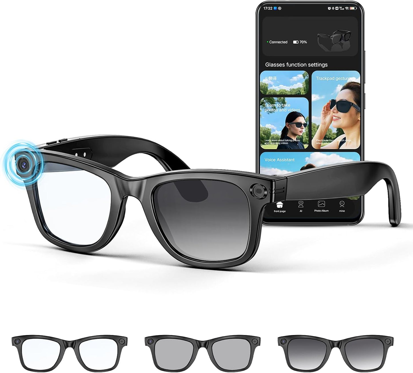 Mingtawn AI Smart Glasses 4K HD Camera, BT Call, 800W Anti-Shake Camera Glasses with Video Recording Dual Mic, Simultaneous Interpretation/GPT Identify Objects, 270mAh Photochromic Glasses（Black