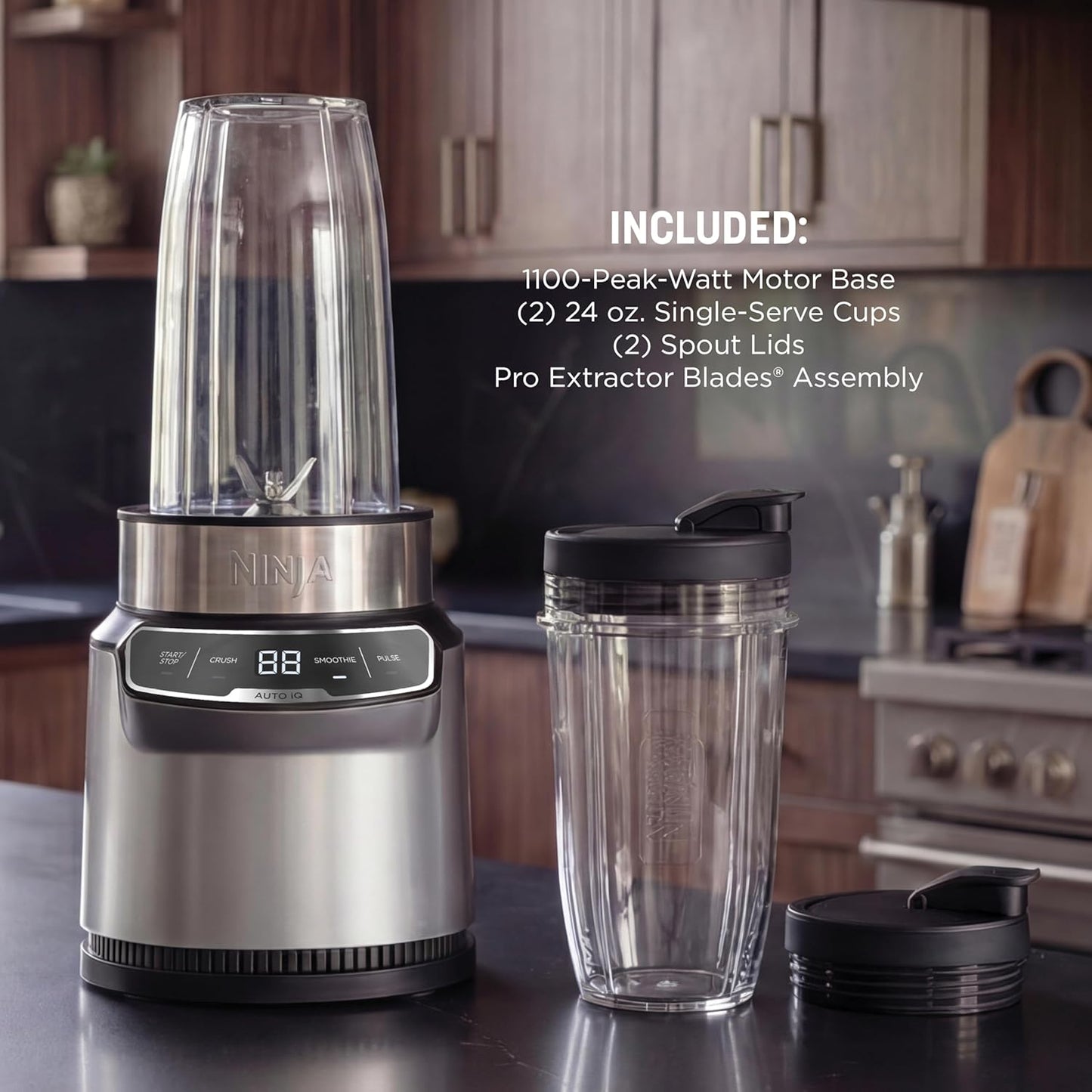 Ninja Nutri-Blender Pro with Auto-iQ | For Smoothies, Shakes, Frozen Drinks, Salsa, Dips | (2) 24-oz. To-Go Cups & Spout Lids | 1100-Peak-Watt | Silver | BN401