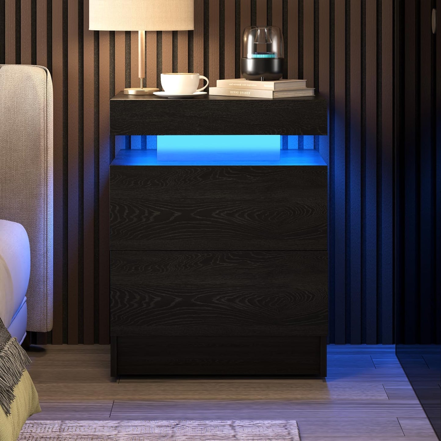 LED Nightstands Set of 2, Modern Black Night Stand End Tables with APP & Remote Control LED Lighting, 2 Drawers, Open Shelf Storage, Bedside Tables for Bedroom and Living Room